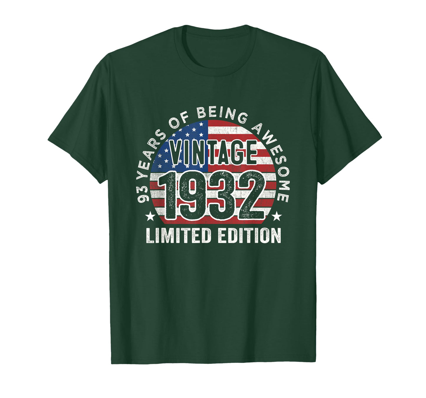 93rd Birthday Gifts Men Vintage 1932 93 Years Old USA Flag T-Shirt