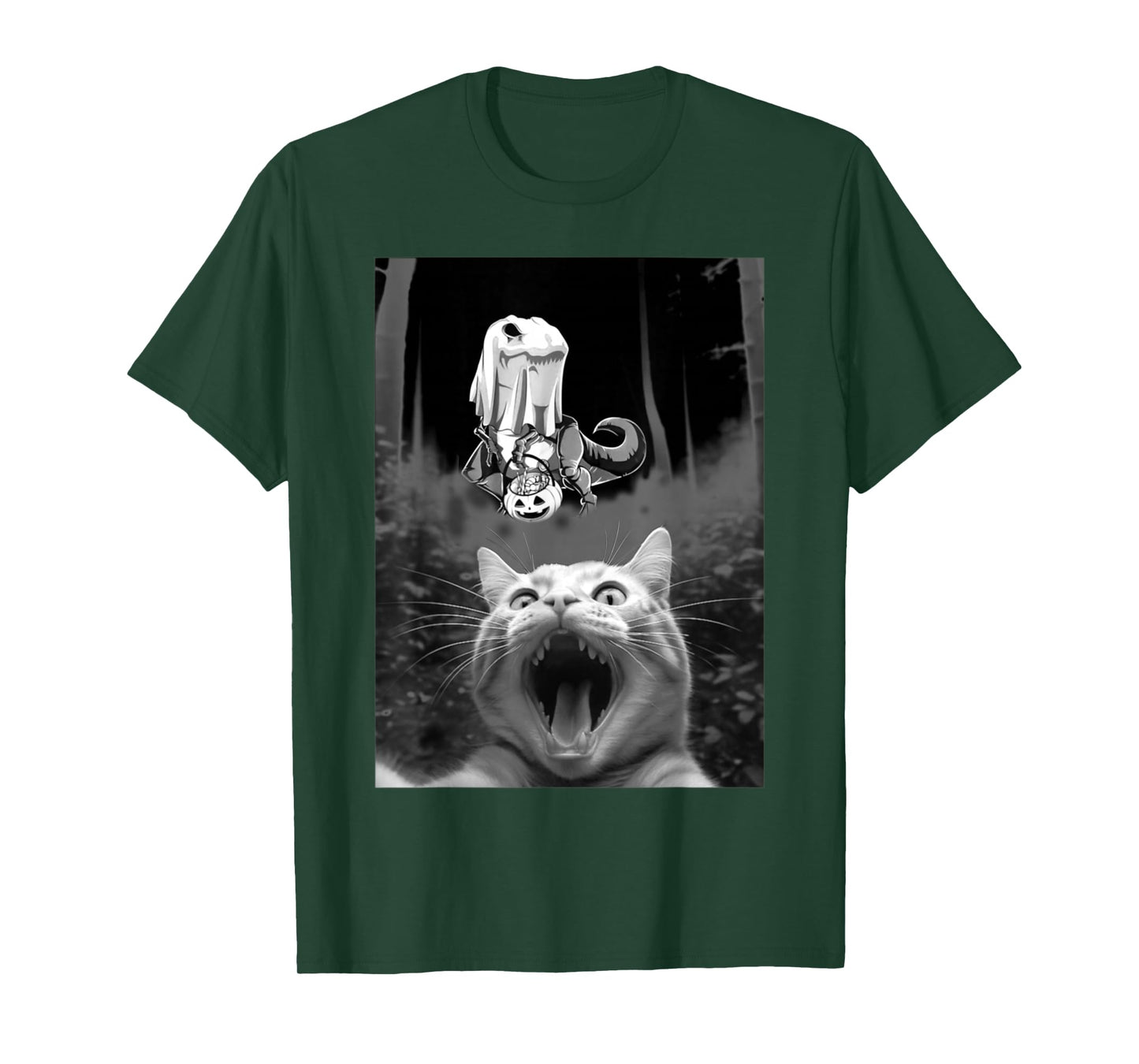Surprised Cat Selfie with Dinosaur Skeleton Halloween Boo T-Shirt