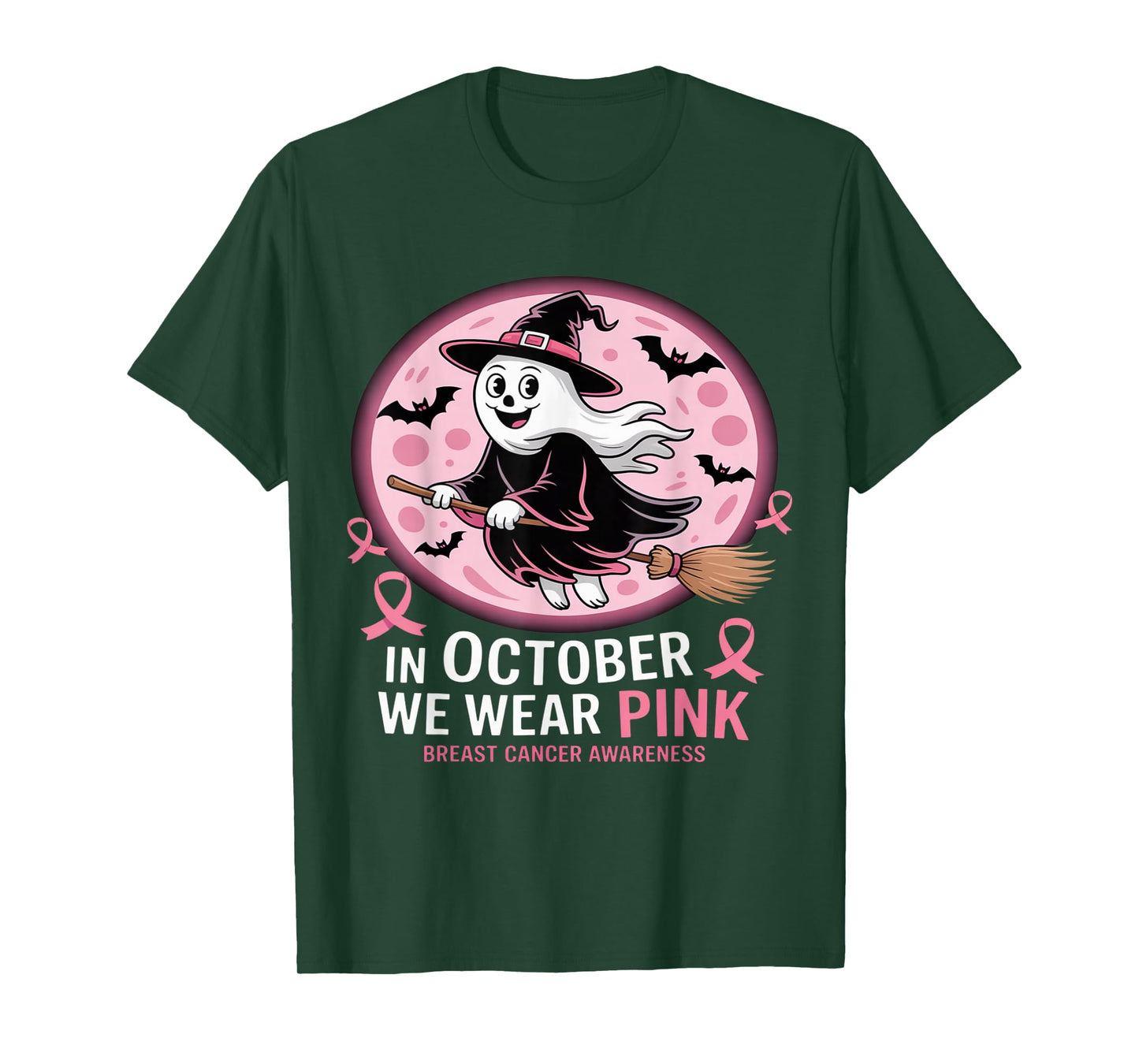 in October We Wear Pink Ghost Witch Breast Cancer Awareness T-Shirt