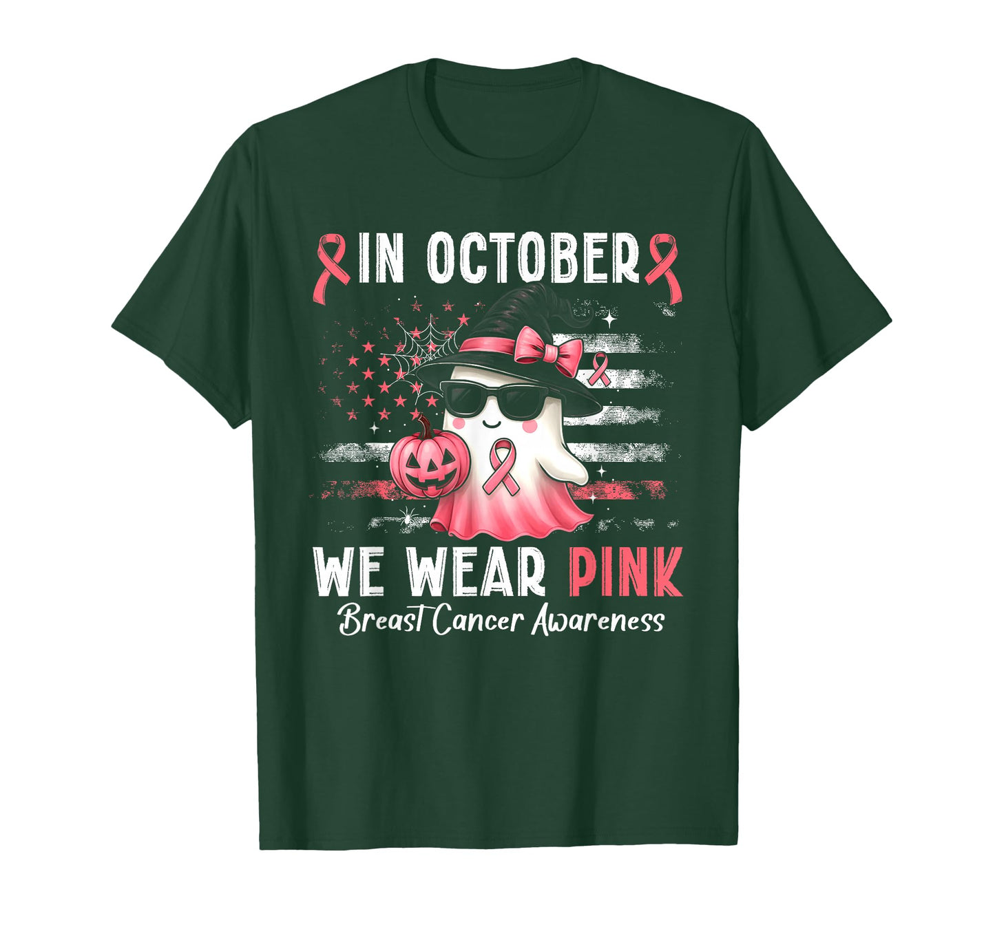 in October We Wear Pink Ghost Witch Breast Cancer Awareness T-Shirt