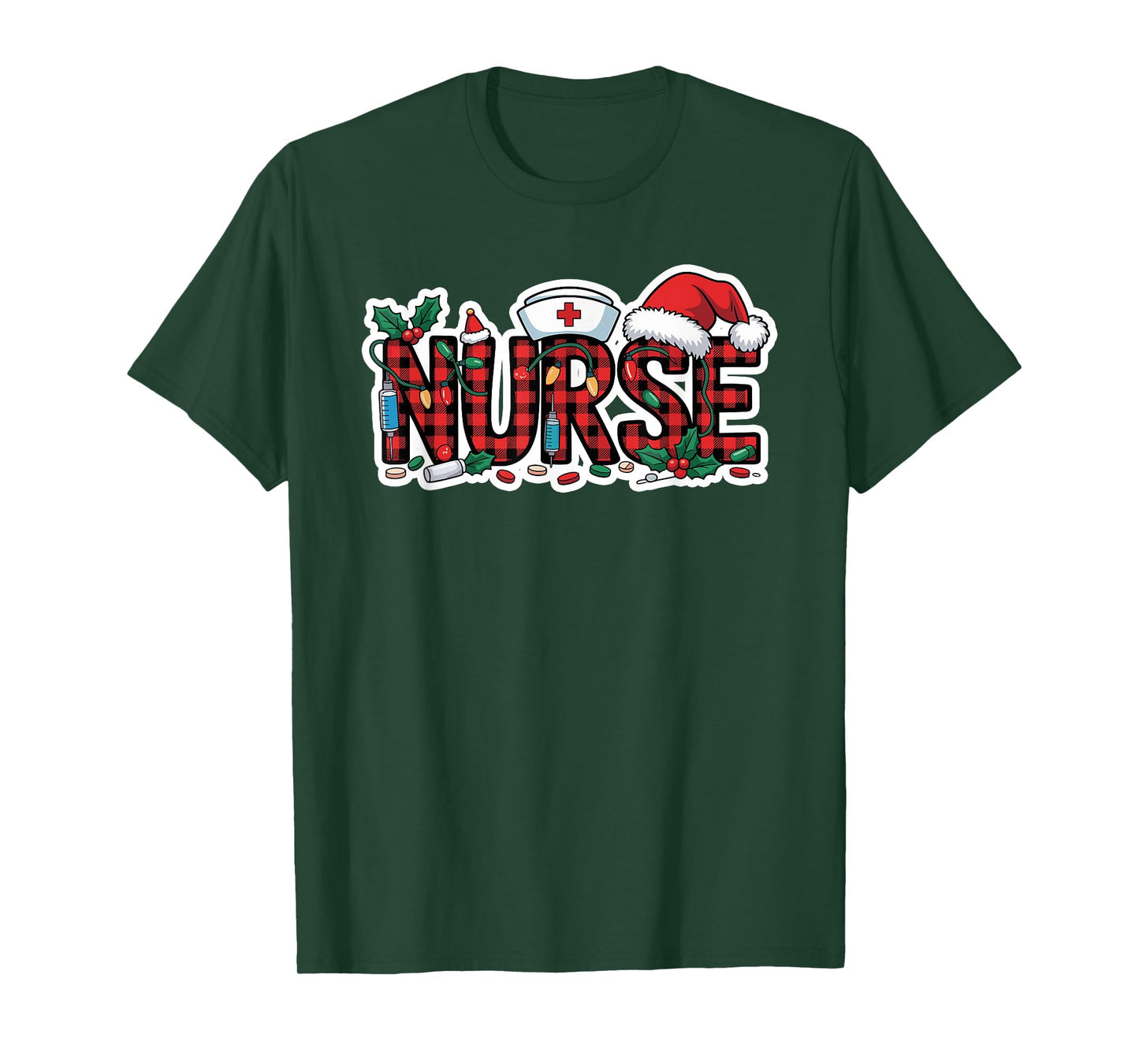 Christmas Nurse Buffalo Plaid Santa Hat Christmas Lights T-Shirt