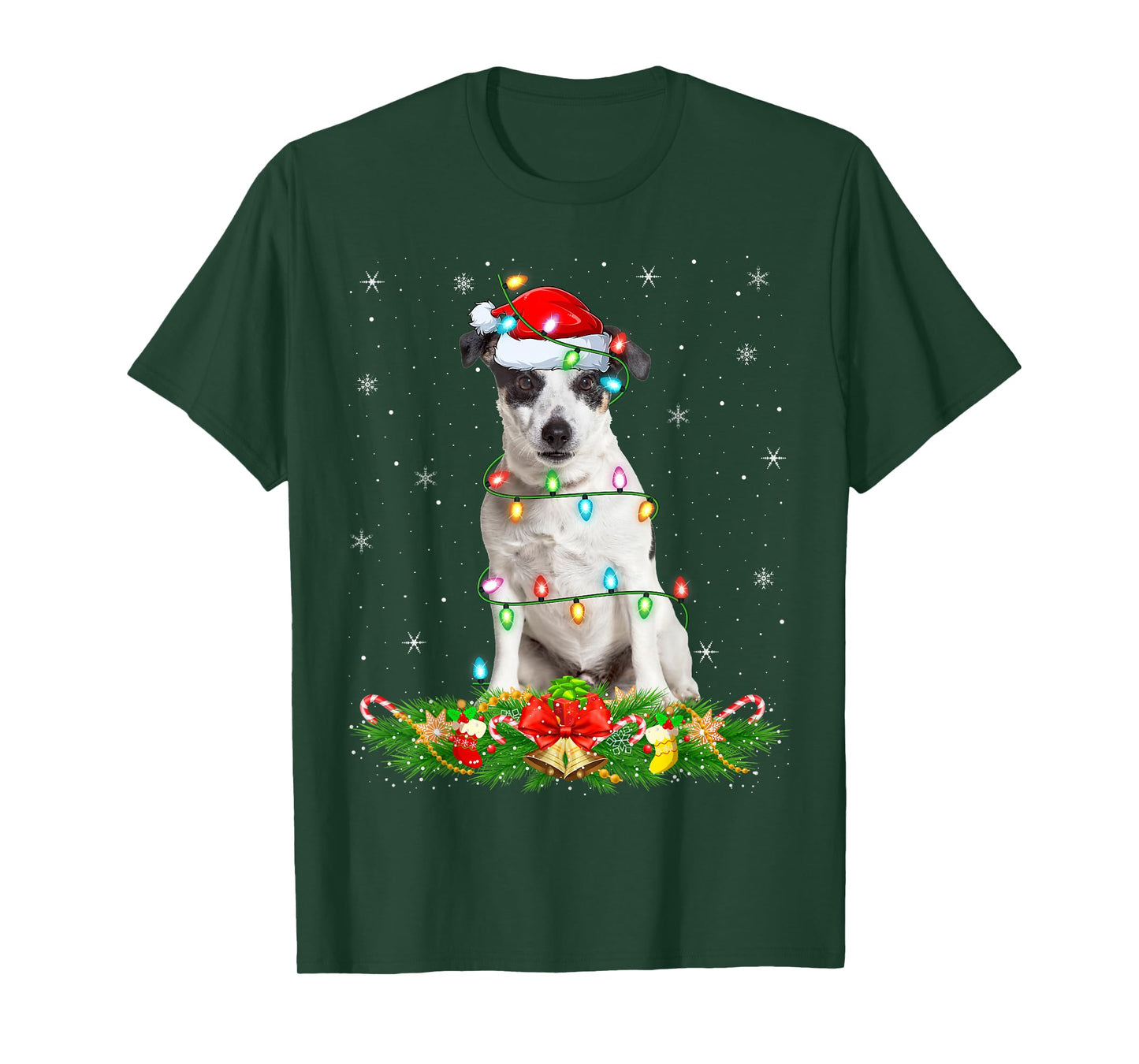 Rat Terrier Dog Christmas Lights Funny Santa Hat Xmas T-Shirt