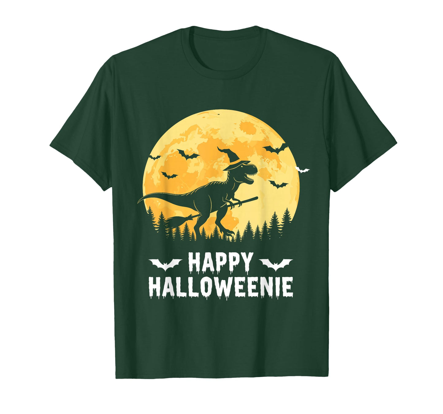 Happy Halloweenie Funny Dinosaur T Rex Flying Witch T-Shirt