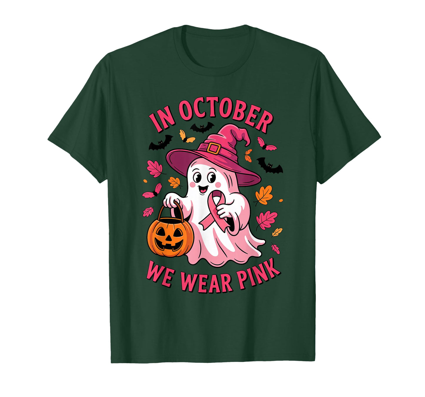 Funny Ghost Halloween in October We Wear Pink Breast Cancer T-Shirt