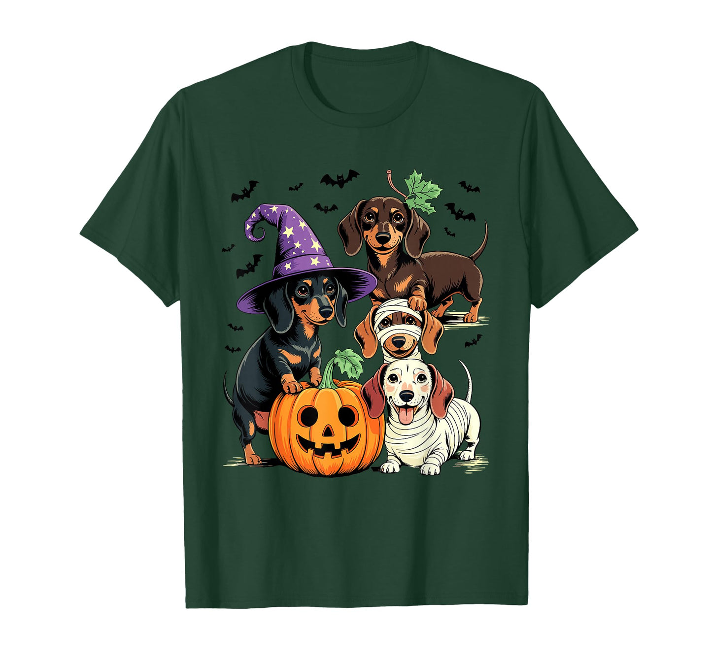 Spooky Dachshund Witch Pumpkin Mummy Ghost Squad Design T-Shirt