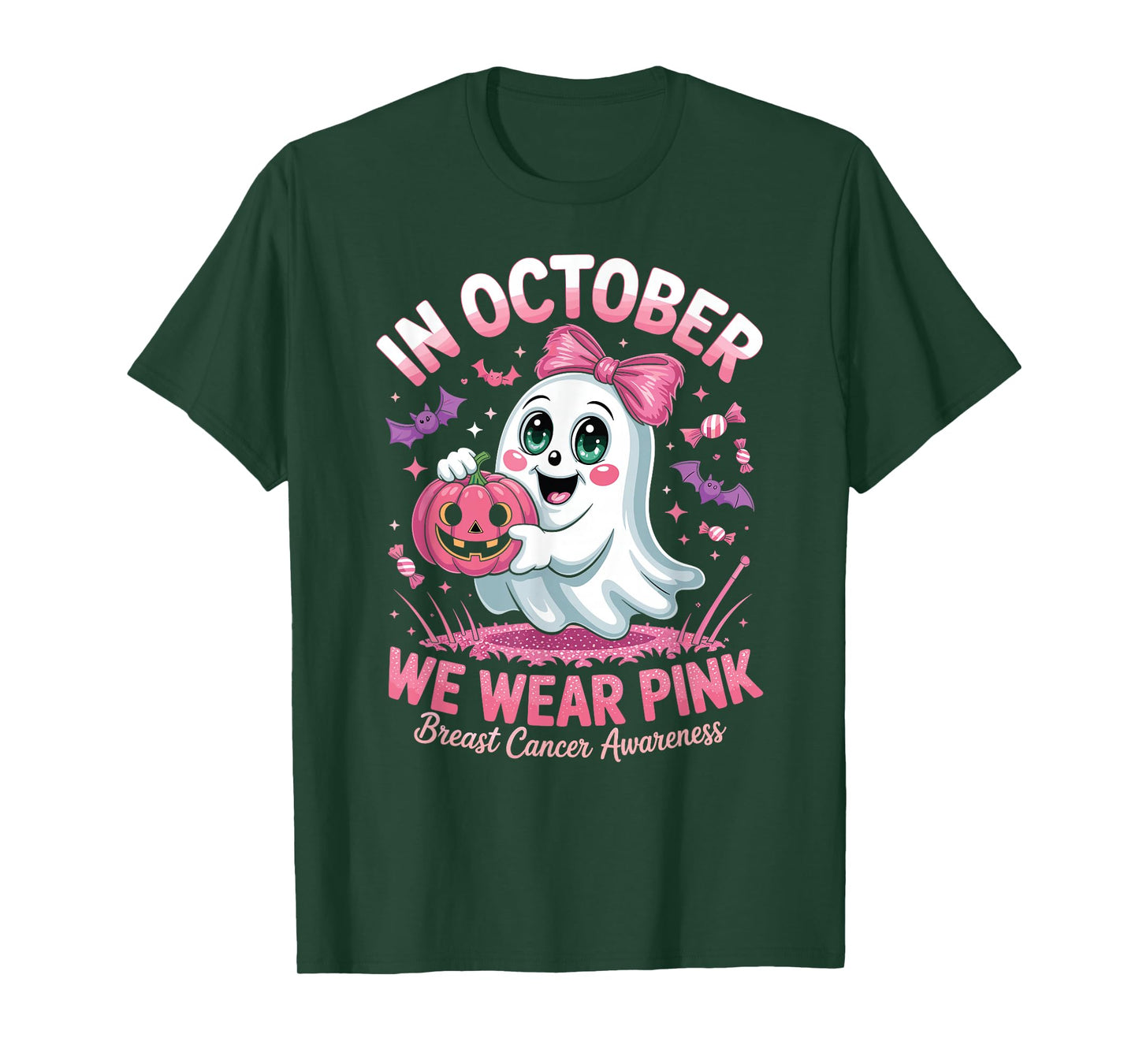 in October We Wear Pink Ghost Witch Breast Cancer Awareness T-Shirt