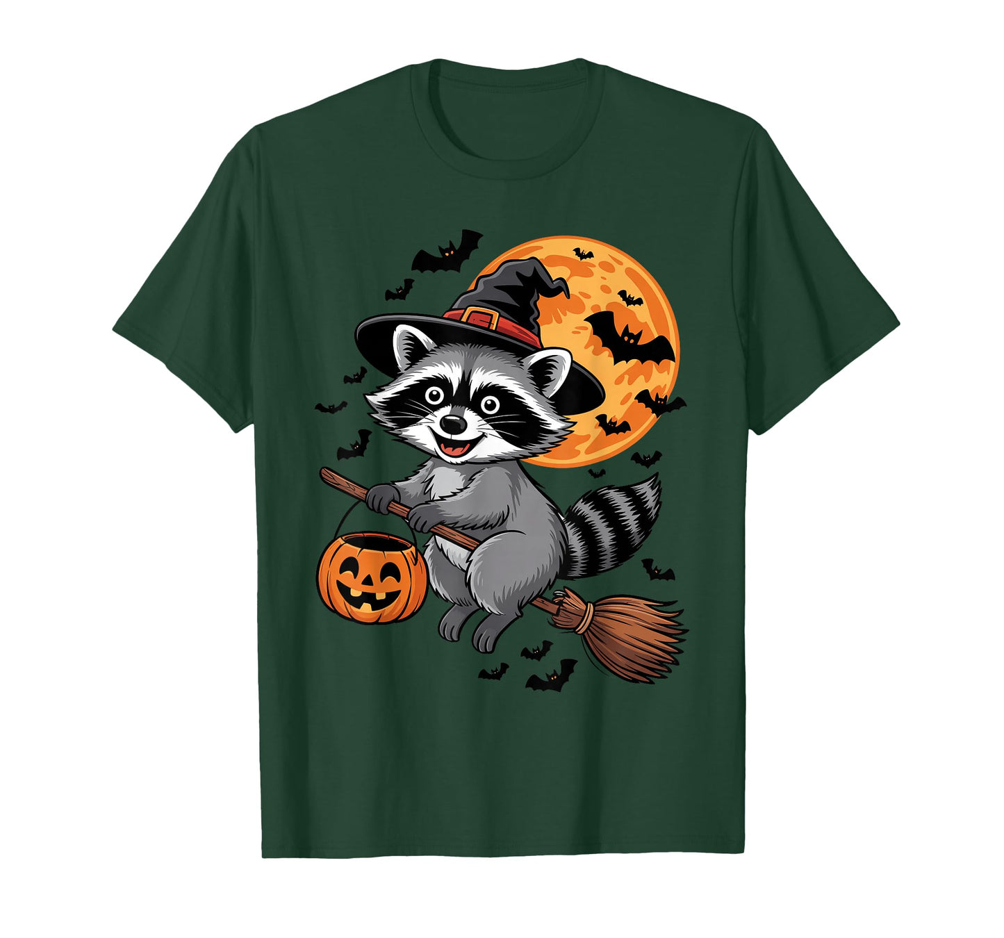 Raccoon Witch Hat on Broom Halloween Pumpkin Candy Bucket T-Shirt