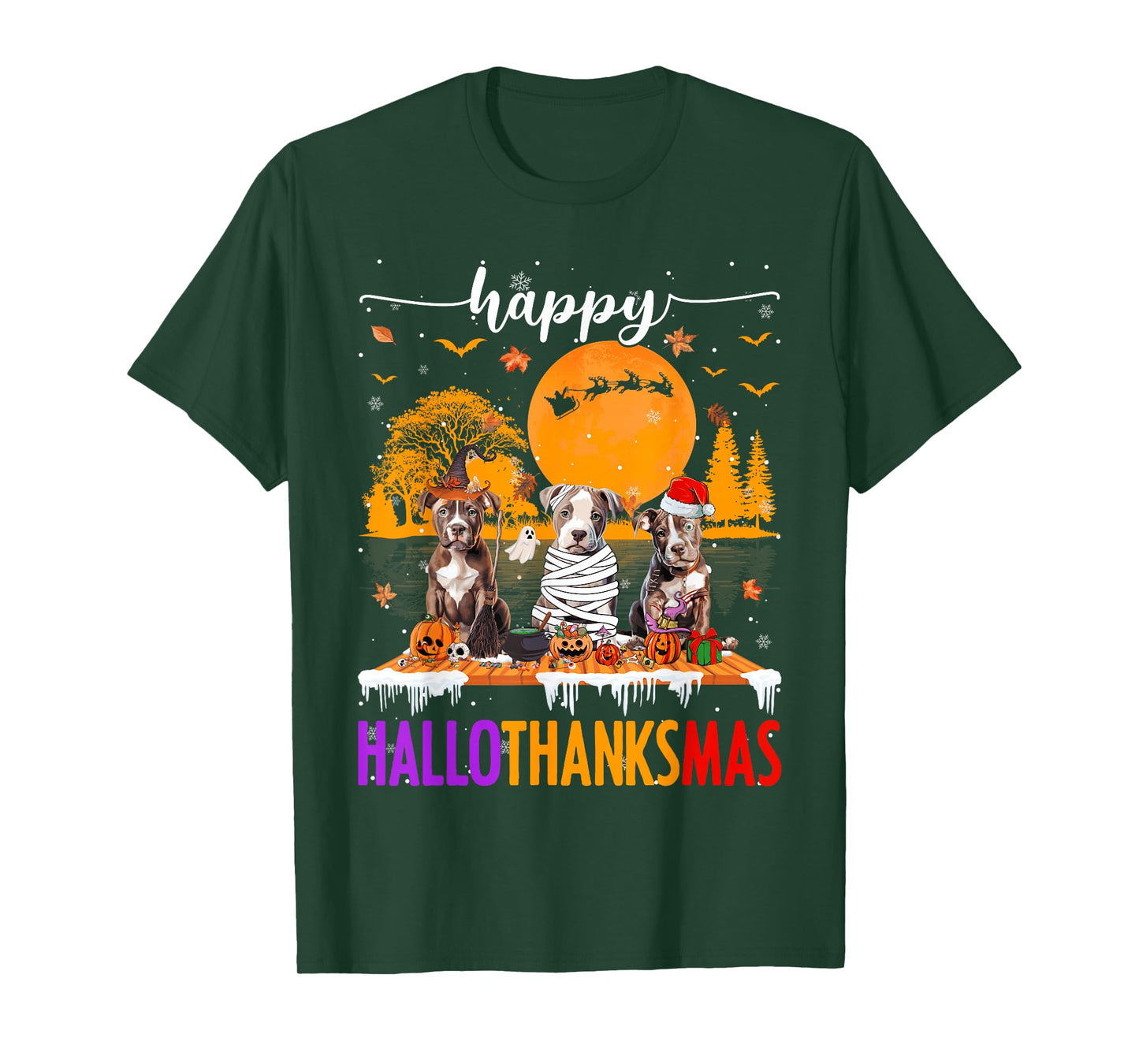 Happy Hallothanksmas Pitbull Dog Halloween Thanksgiving Xmas T-Shirt