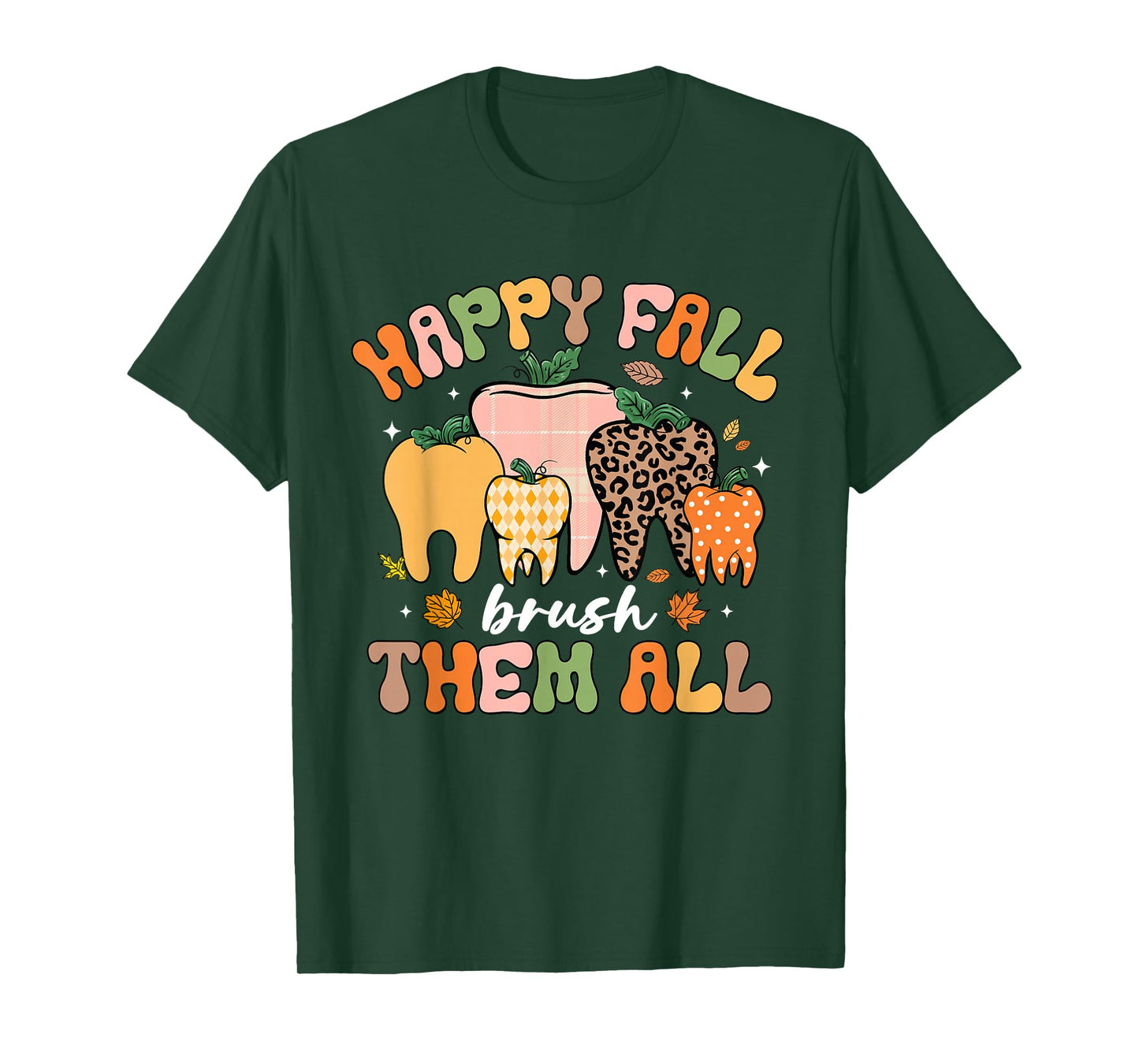 Happy Fall Brush Them All Tooth Pumpkin Leopard Funny Dental T-Shirt