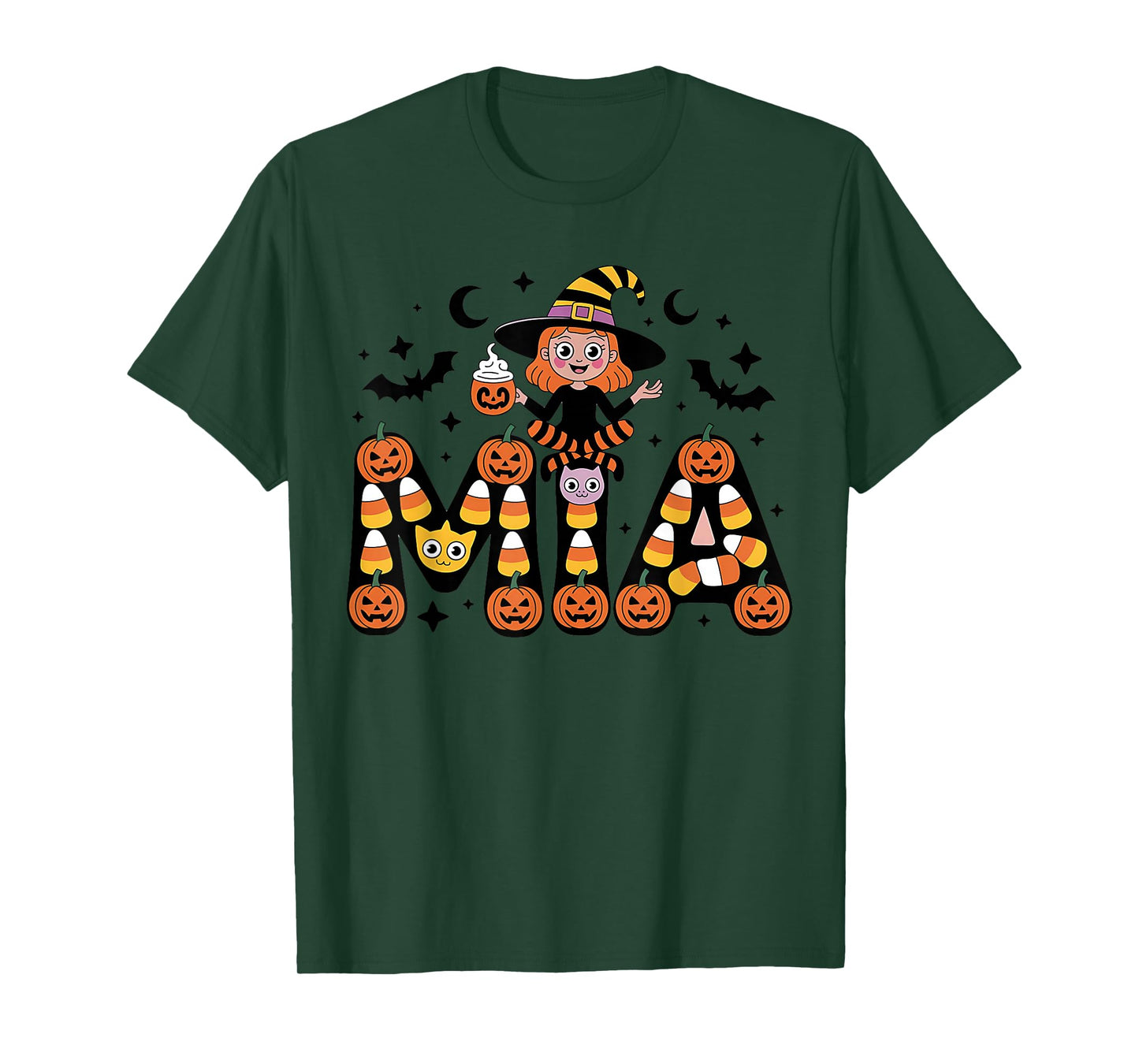 Mia Witch Candy Corn Cat Halloween Women and Girls T-Shirt