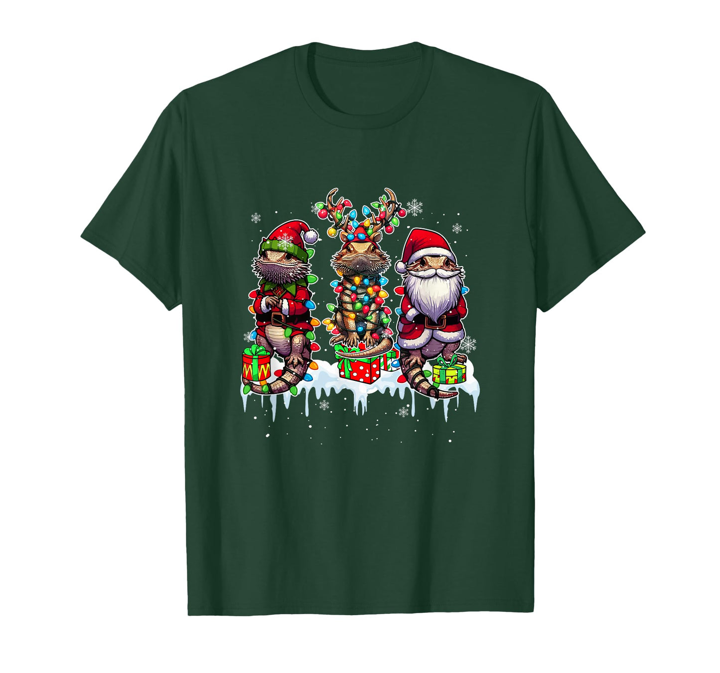 Three Santa Reindeer Elf Bearded Dragons Xmas Colorful Light T-Shirt