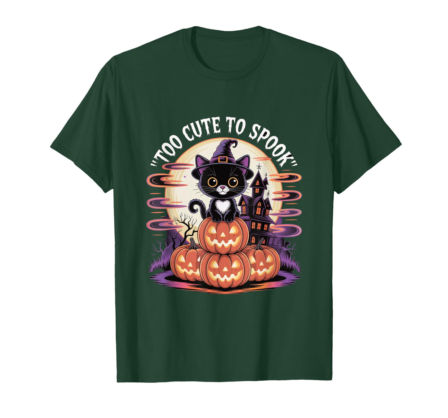 Too Cute to Spook Cat Pumpkins Horror House Halloween T-Shirt