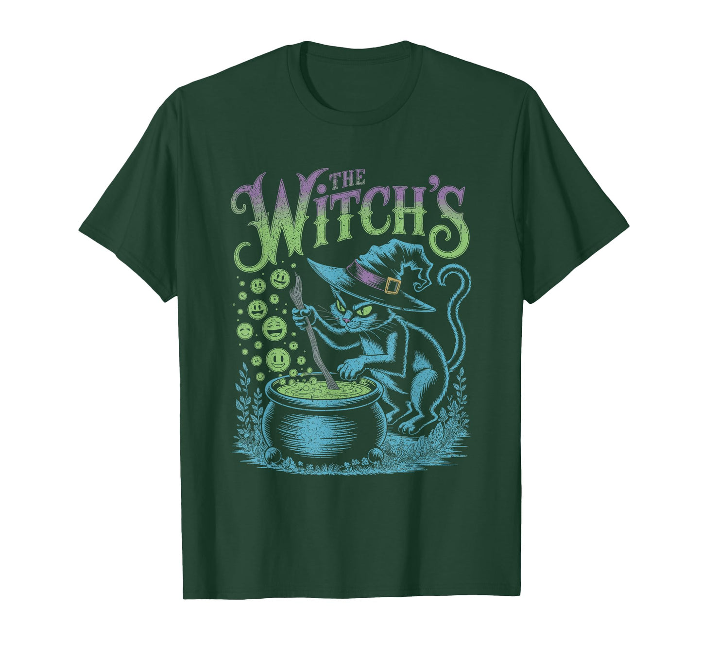 Black Cat Witch Stirring Magic Cauldron with Hat Halloween T-Shirt