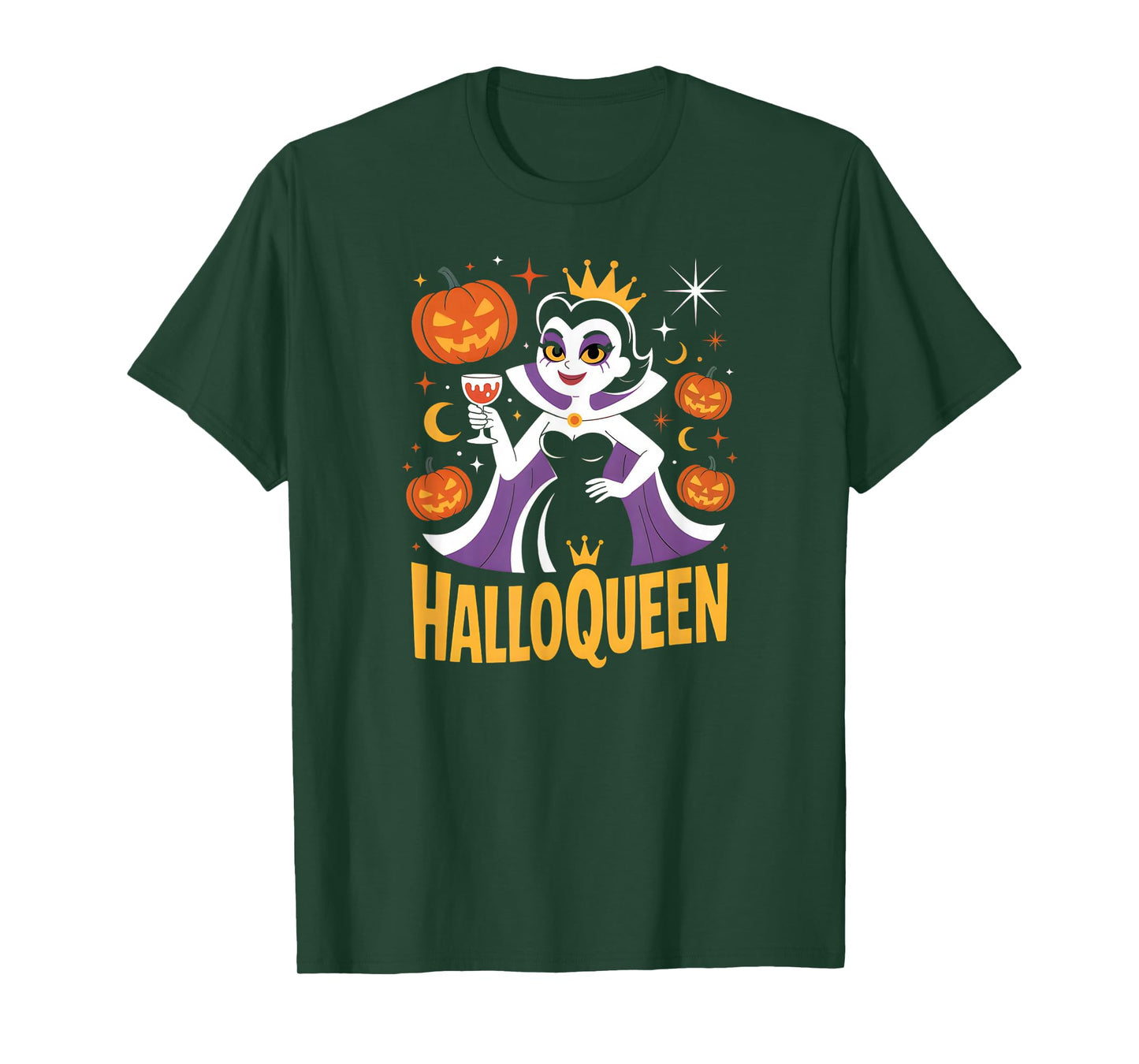 HalloQueen Retro Vampire Queen Halloween Pumpkins Bats Stars T-Shirt