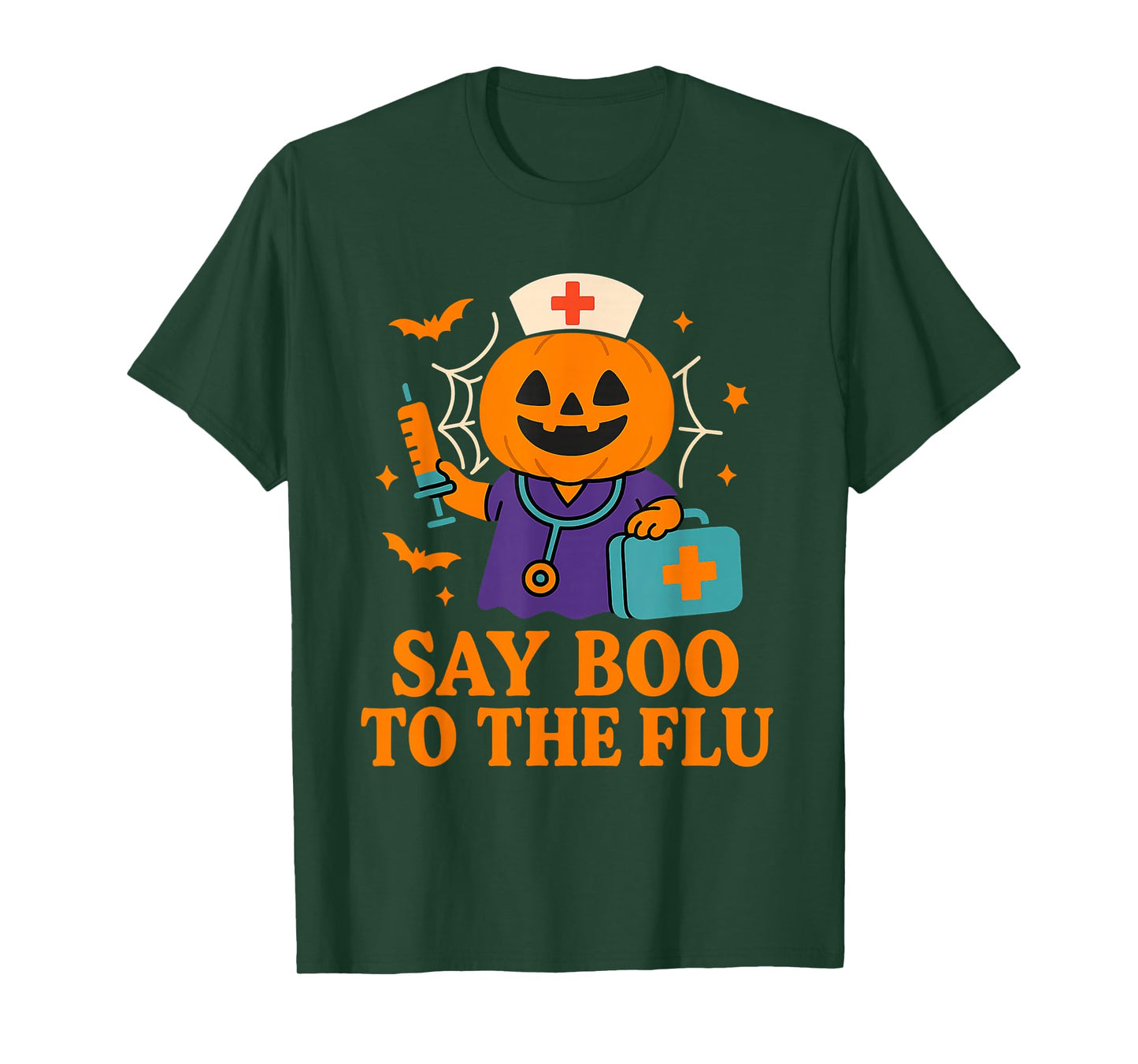 Say Boo to The Flu Nurse Halloween Vaccine Pumpkin Crew T-Shirt