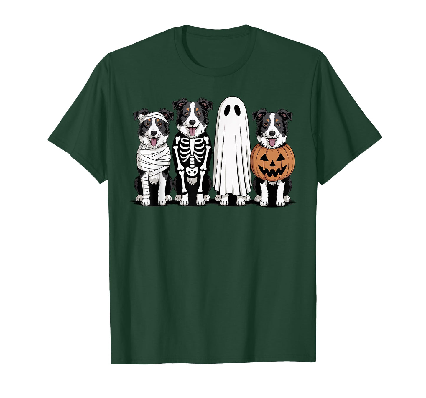 Spooky Ghost Border Collie Pumpkin Halloween Dog Skeleton T-Shirt