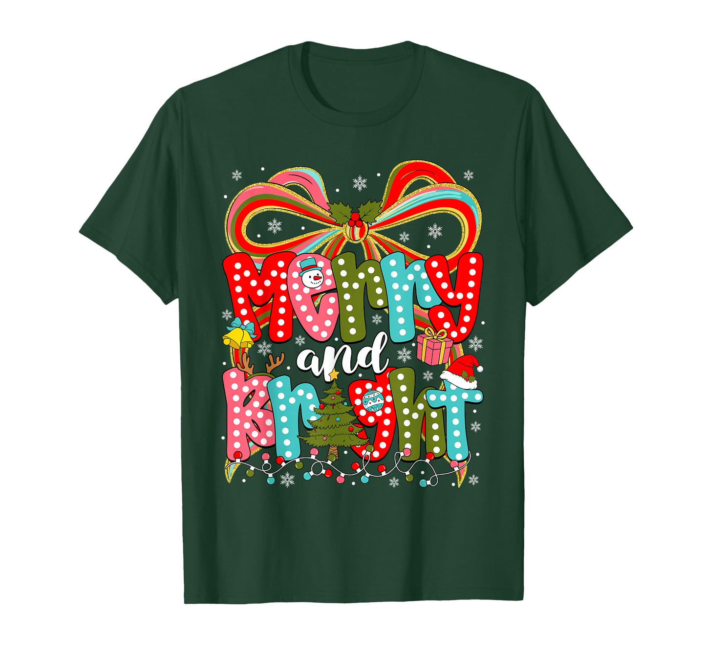Merry and Bright Coquette Bow Christmas Lights Women Girls T-Shirt