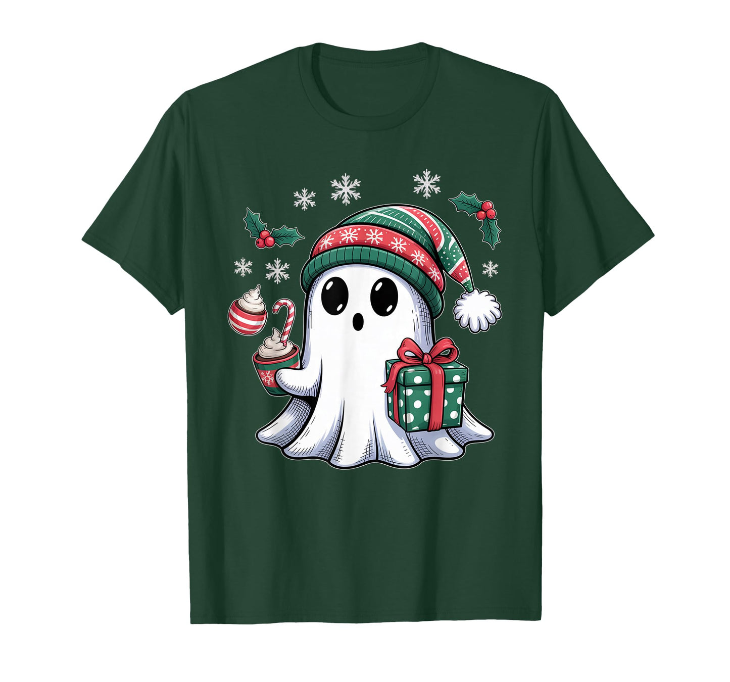 Cute Christmas Ghost Spirit with Santa Hat Coffee and Gift T-Shirt