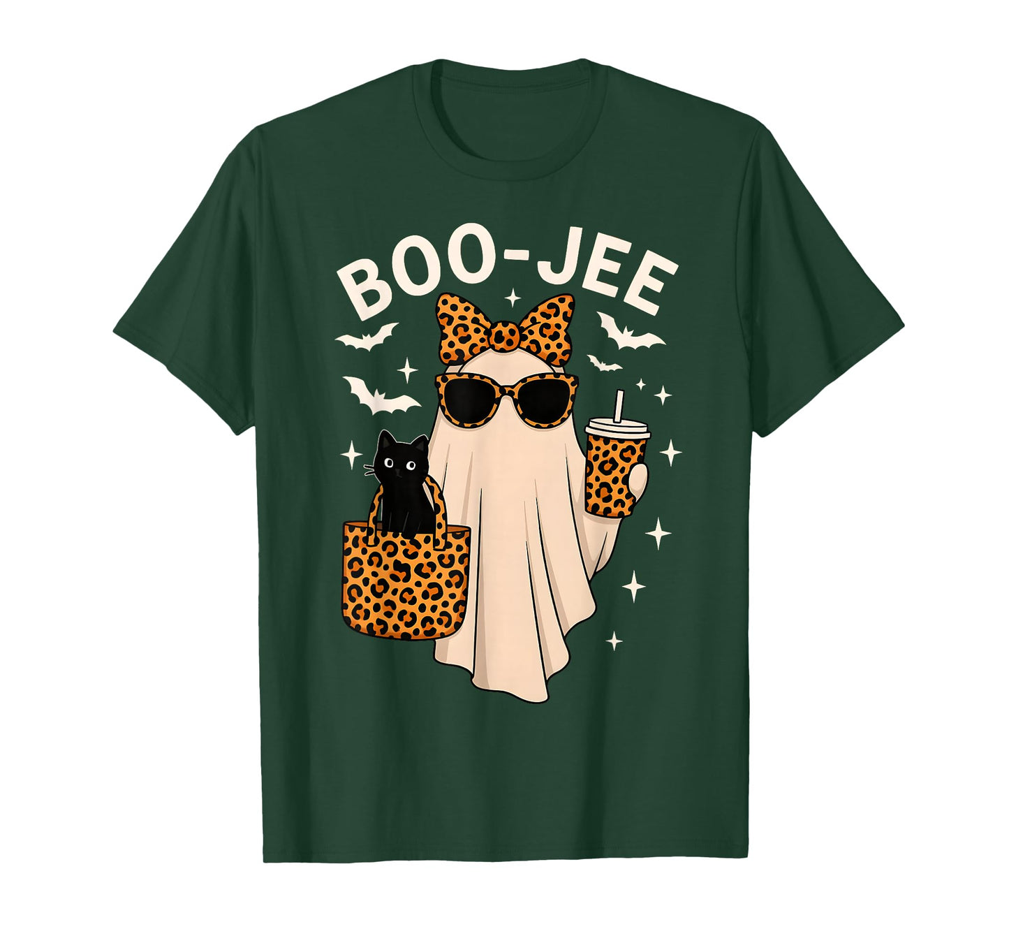 Coquette Leopard Ghost Coffee Boo-JEE Cute Cat Halloween T-Shirt