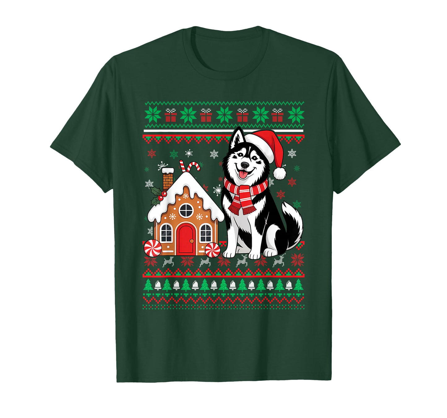 Christmas Ugly Sweater Siberian Husky Santa Hat Reindeers T-Shirt
