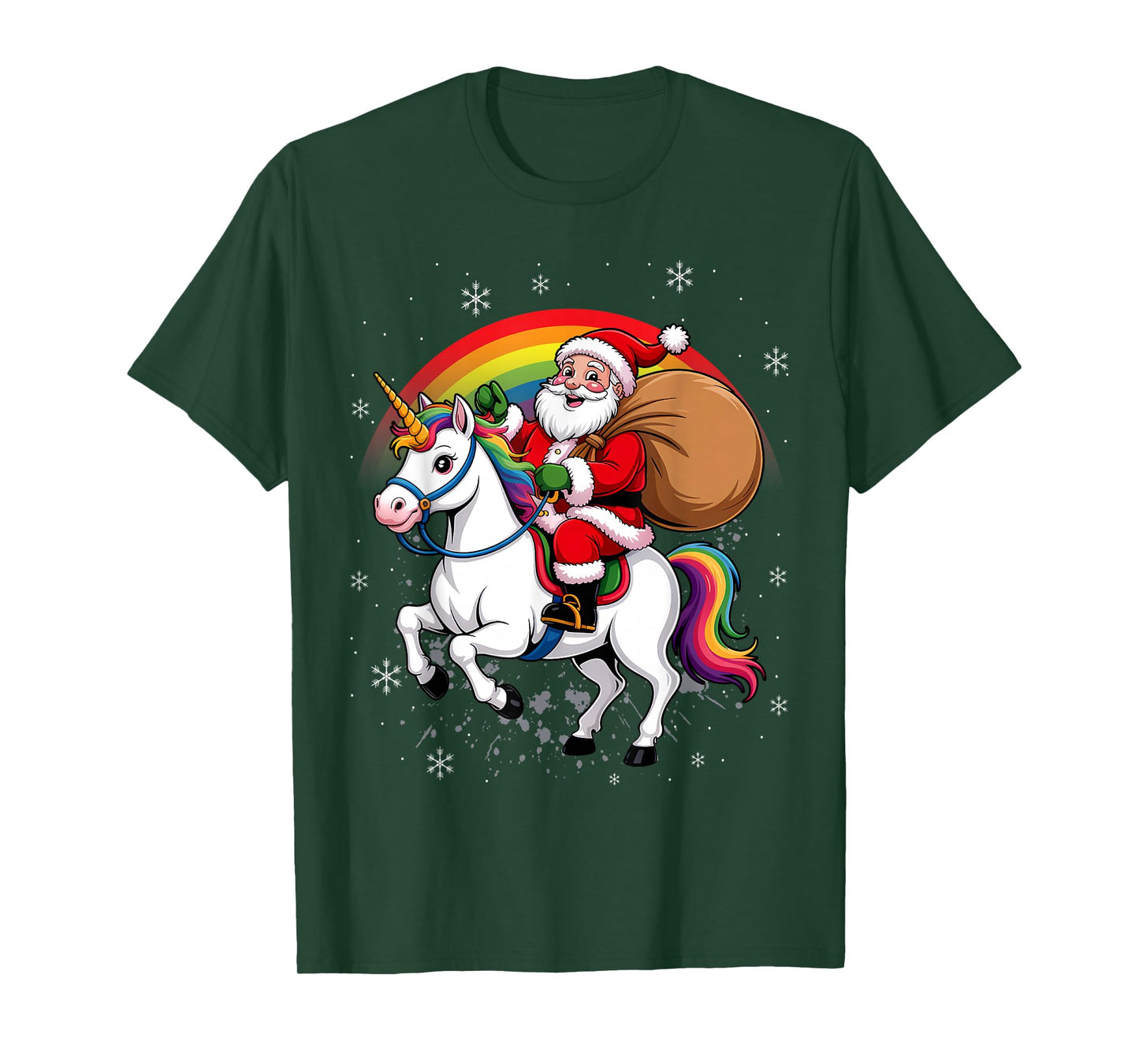 Santa Riding Unicorn & Rainbow Funny Cute Christmas T-Shirt