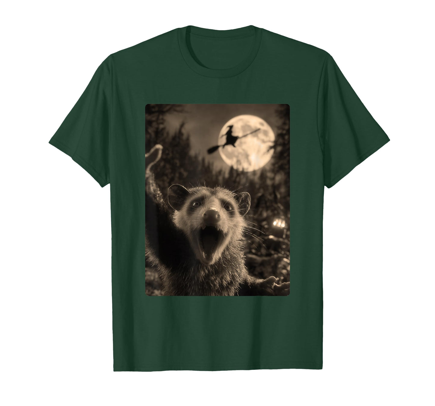 Funny Opossum Selfie Full Moon Flying Witch Forest Halloween T-Shirt
