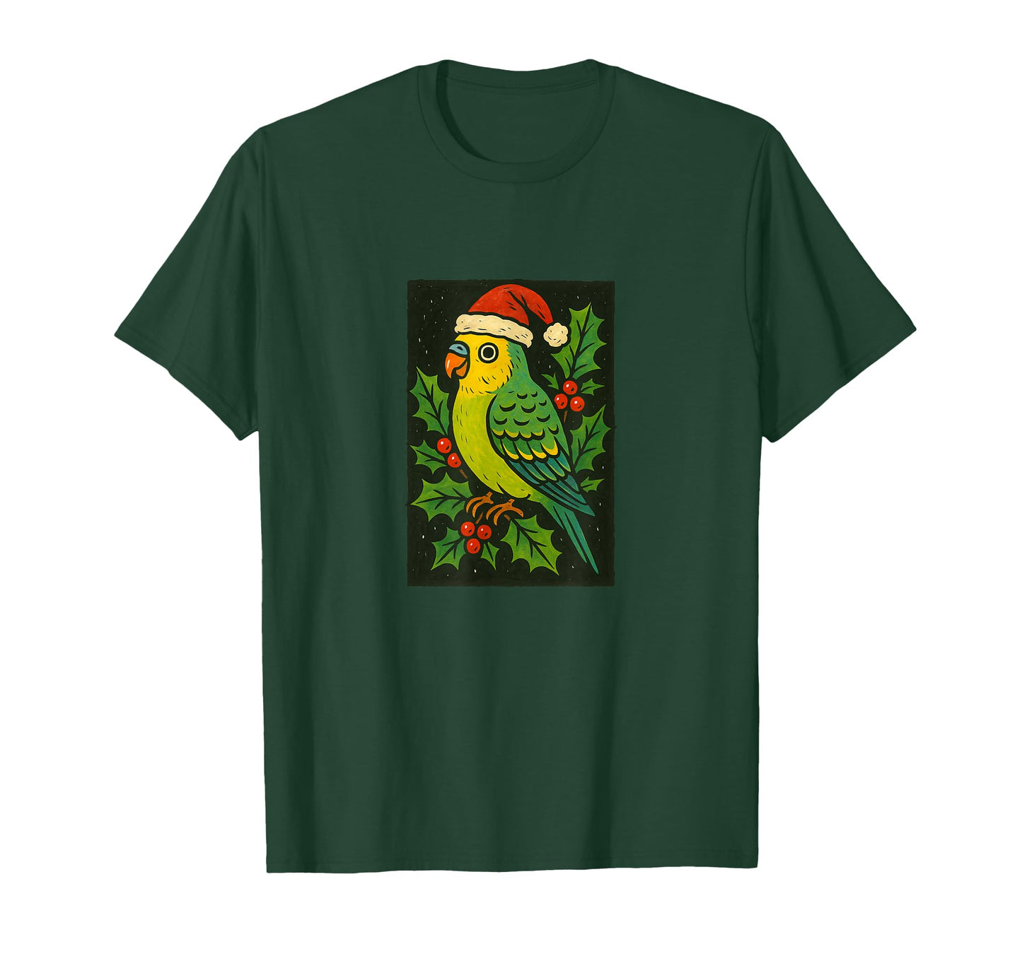 Parakeet in Santa Hat with Christmas Holly T-Shirt
