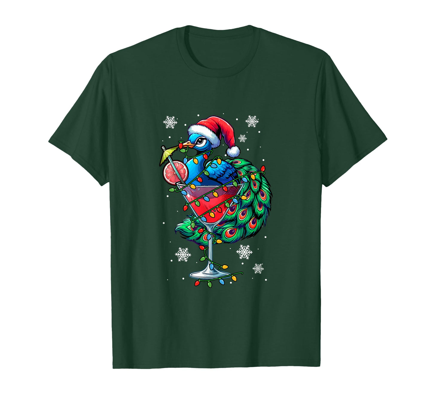 Santa Peacock On Cocktail Glasses Christmas Colorful Lights T-Shirt