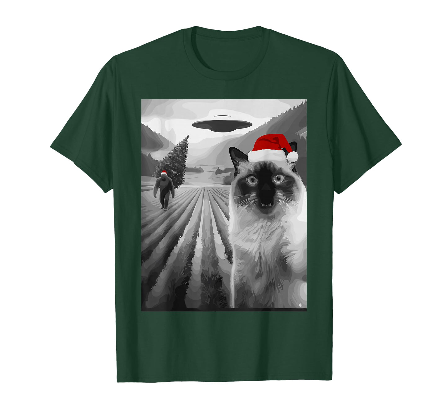 Christmas Cat Bigfoot UFO Santa Hat Funny Retro T-Shirt
