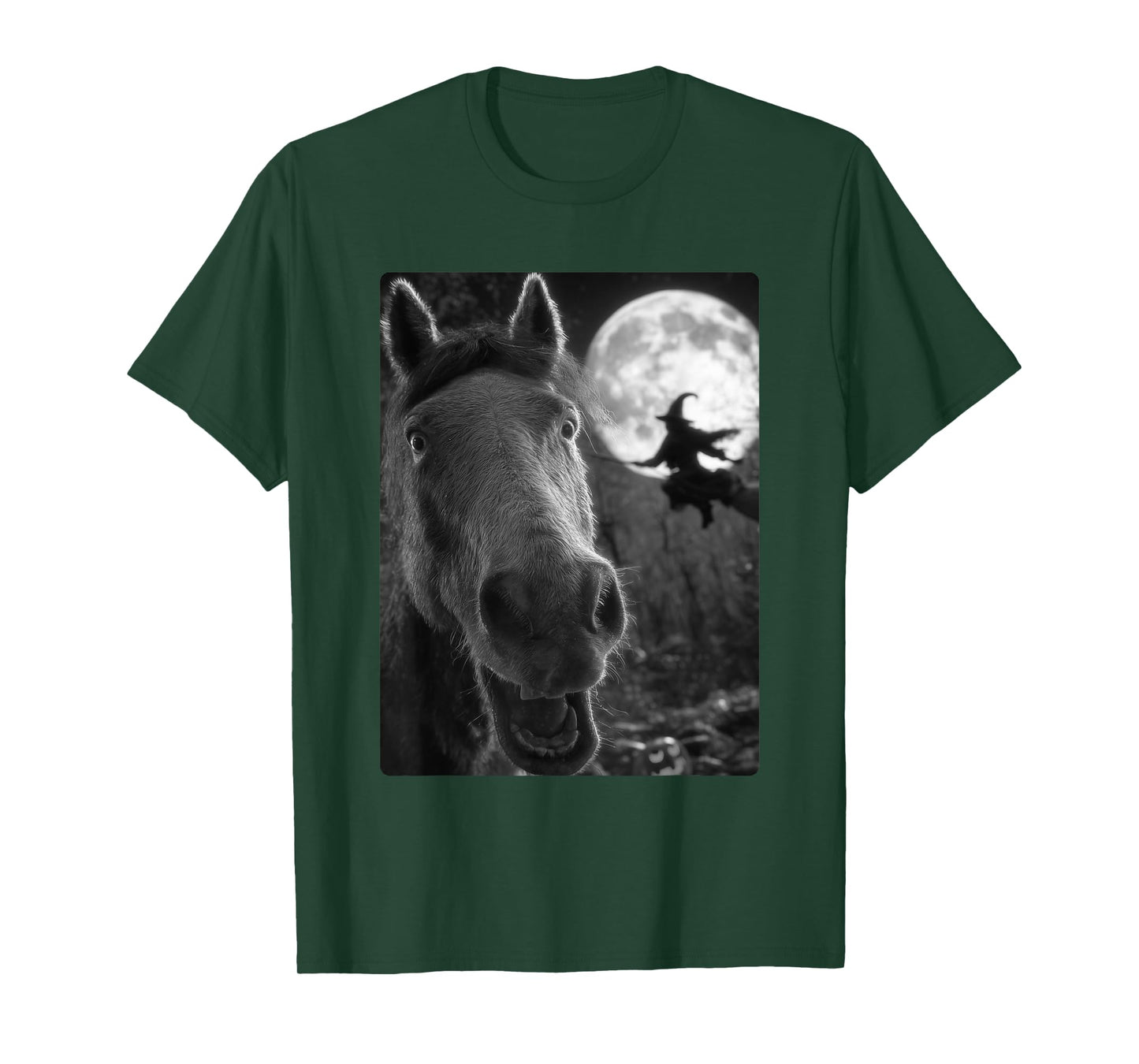 Funny Horse Selfie Full Moon Flying Witch Forest Halloween T-Shirt