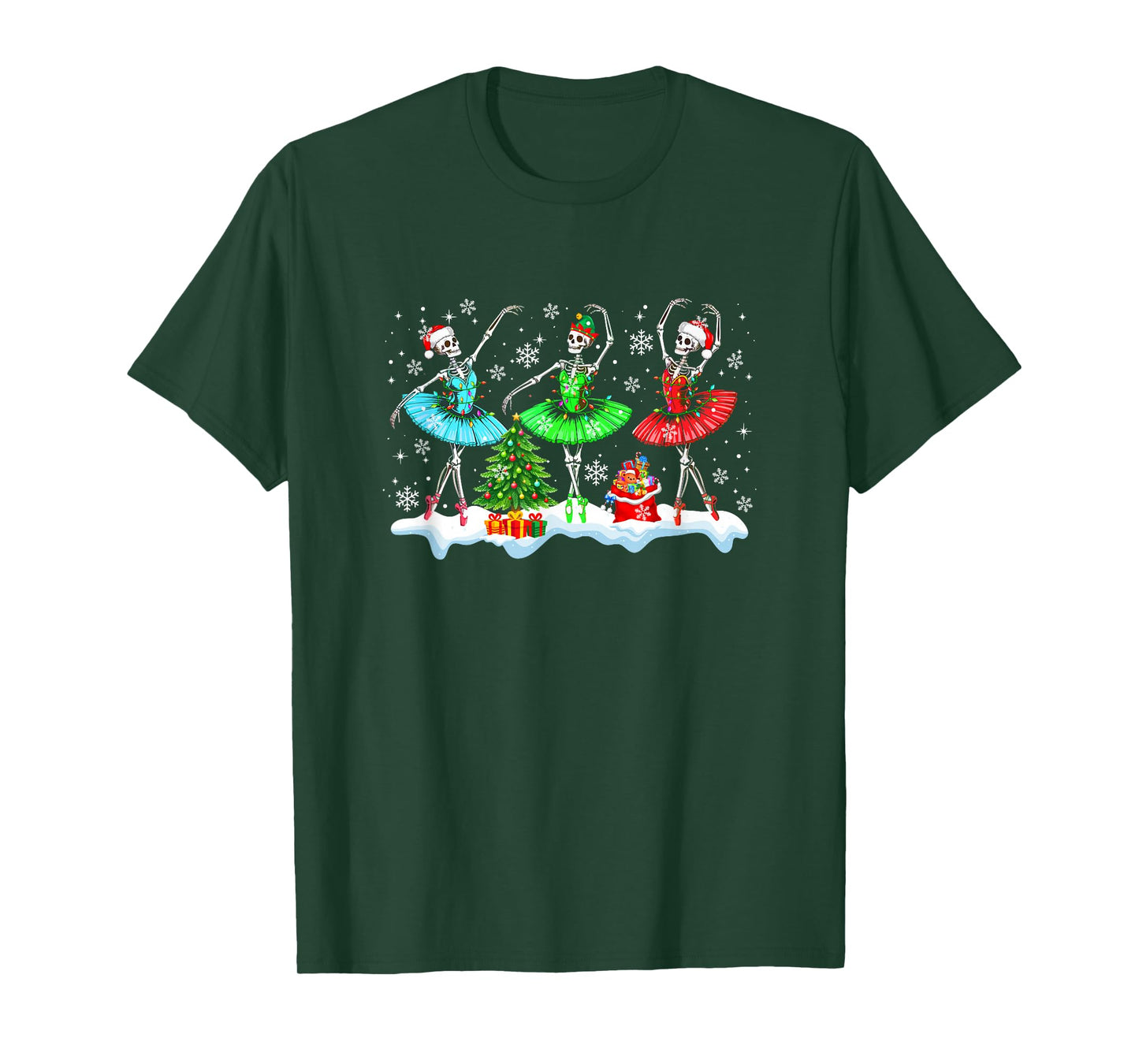 Three Santa Elf Skeletons Dancer Dancing Christmas Tree Snow T-Shirt