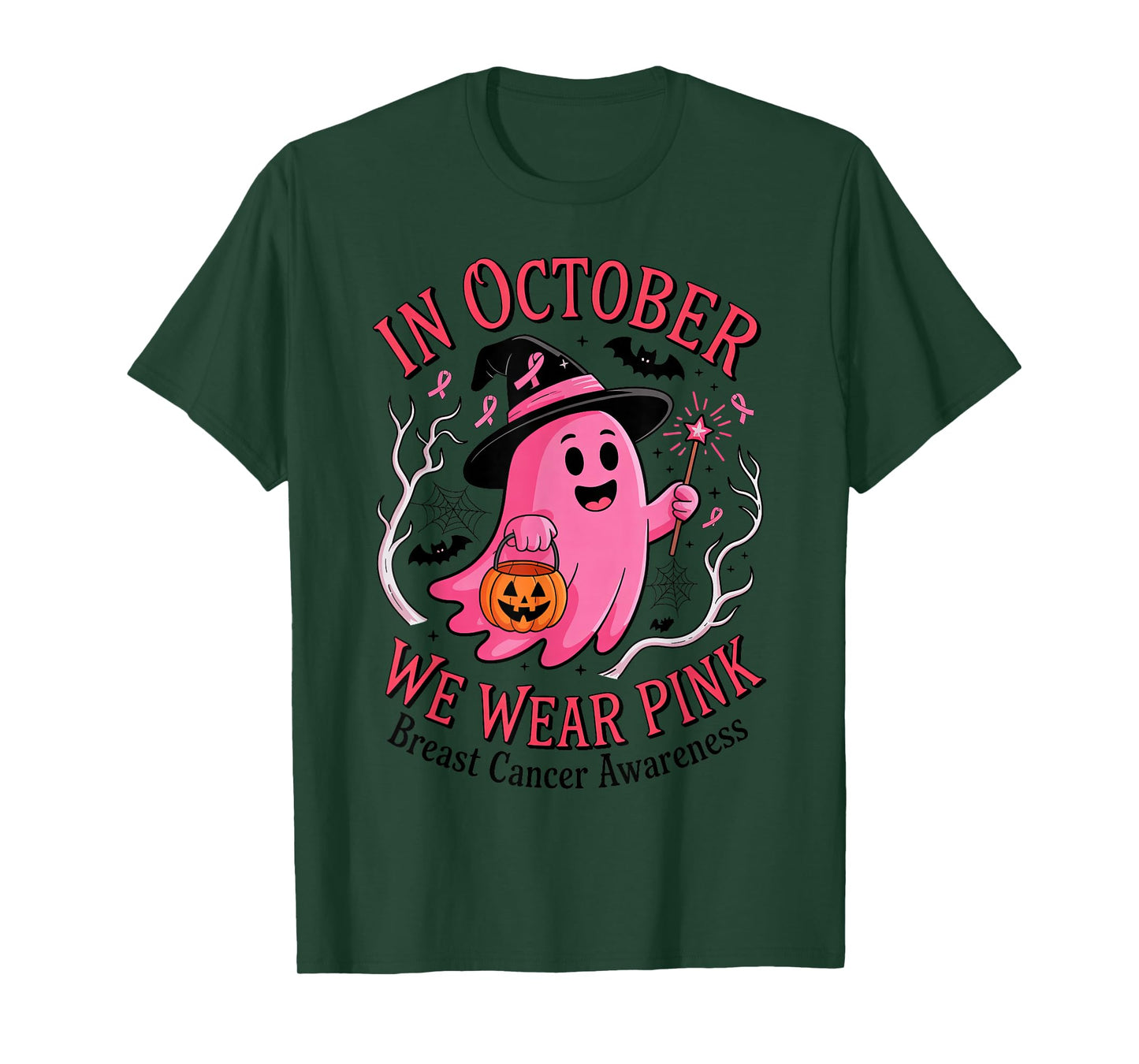 Cute Pink Ghost Witch in October We Wear Pink Breast Cancer T-Shirt