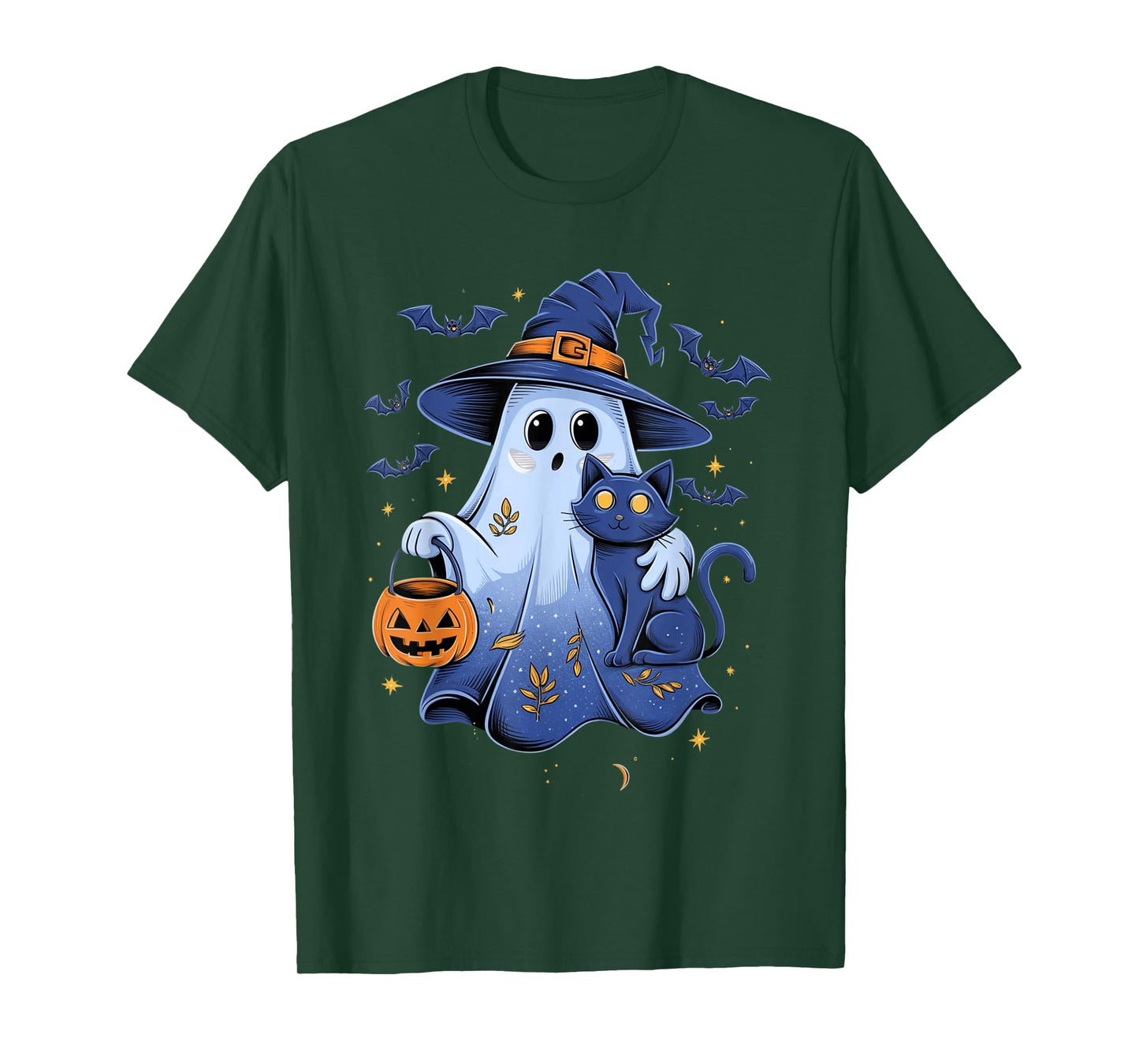Funny Ghost Witch Holding Black Cat Women Men Halloween T-Shirt
