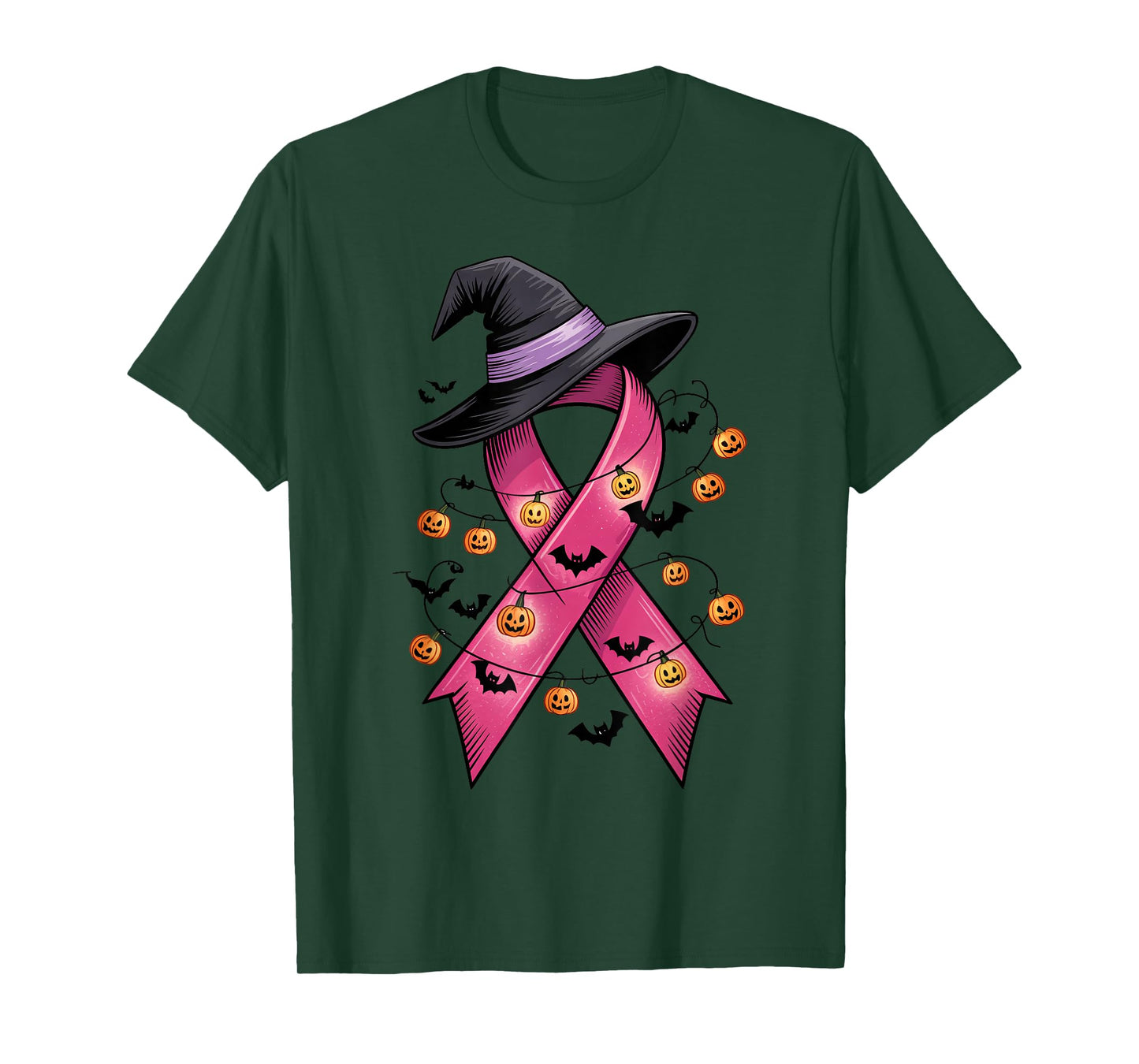 Pink Ribbon Breast Cancer with Witch Hat Halloween Costume T-Shirt