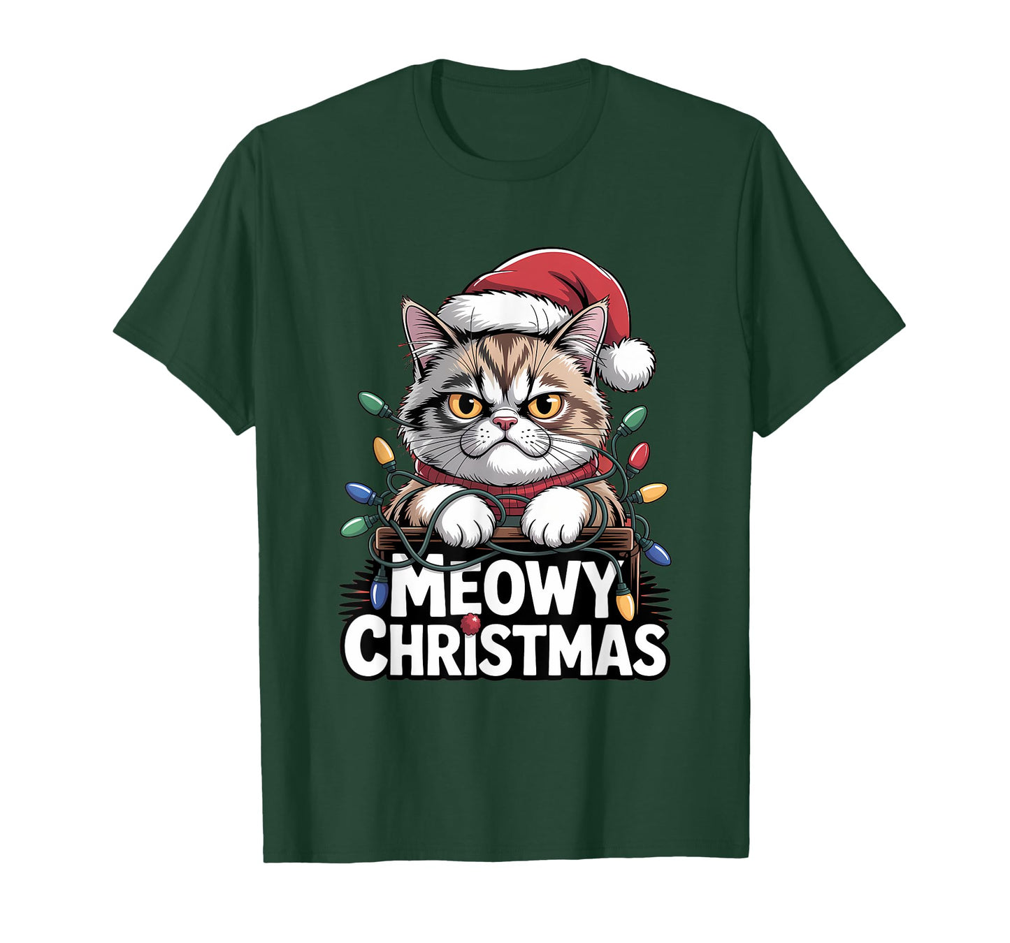 Meowy Christmas Cute Cat Santa Hat Funny Holiday T-Shirt