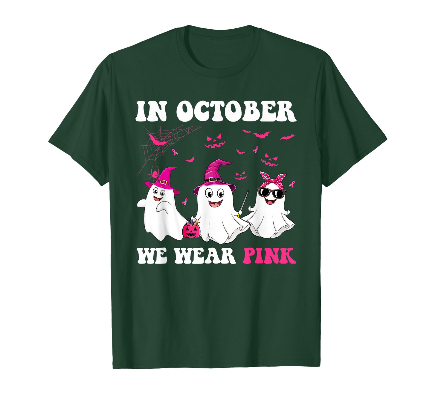 in October We Wear Pink Ghost Witch Breast Cancer Awareness T-Shirt