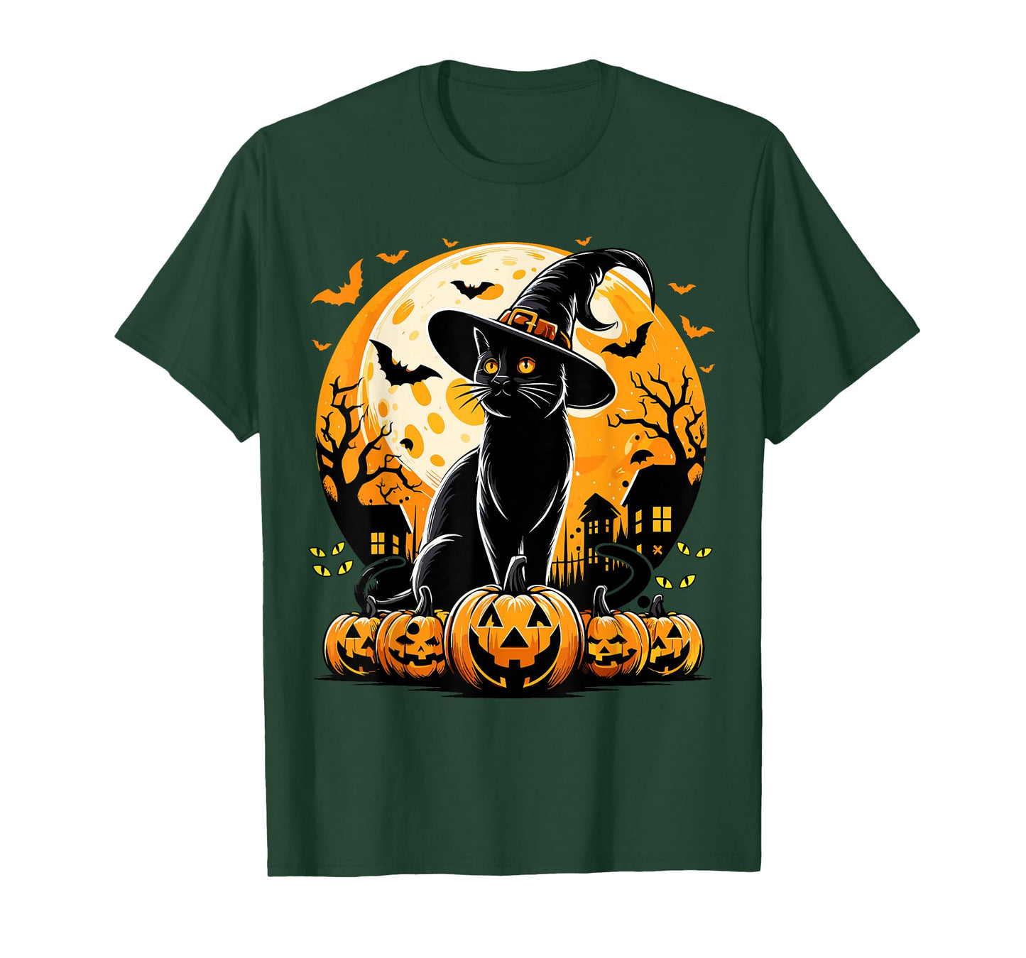 Pumpkin Black Cat with Witch Hat Full Moon Halloween Cat T-Shirt