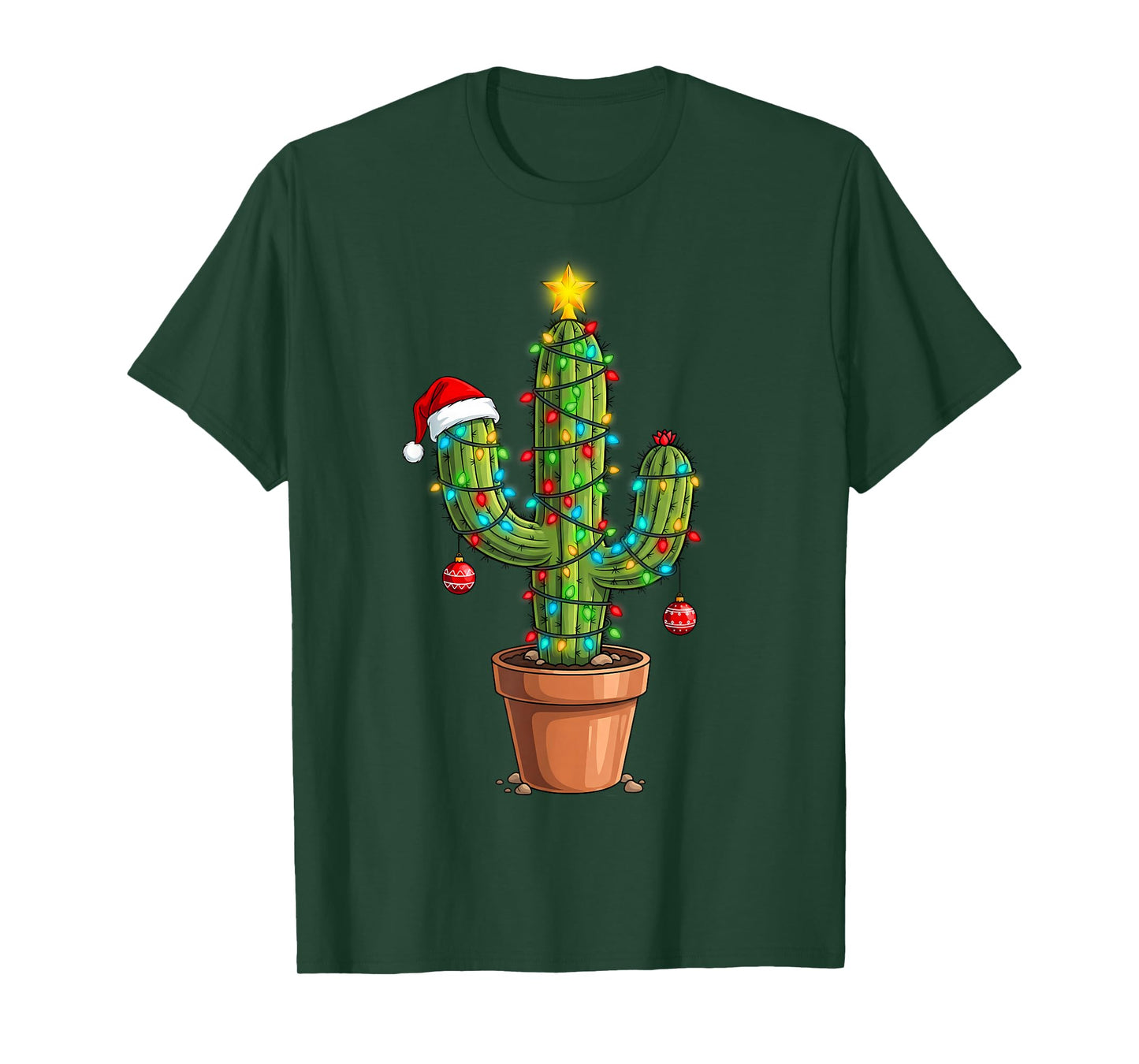 Funny Christmas Lights Cactus Lover Xmas Tree Santa Hat T-Shirt