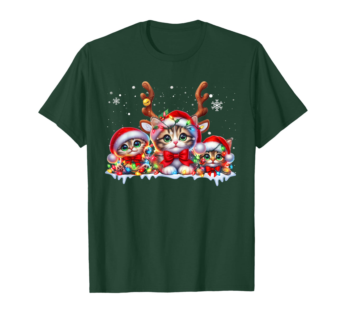 Cat Christmas Light Reindeer Santa Hat Xmas Funny Cat Lover T-Shirt