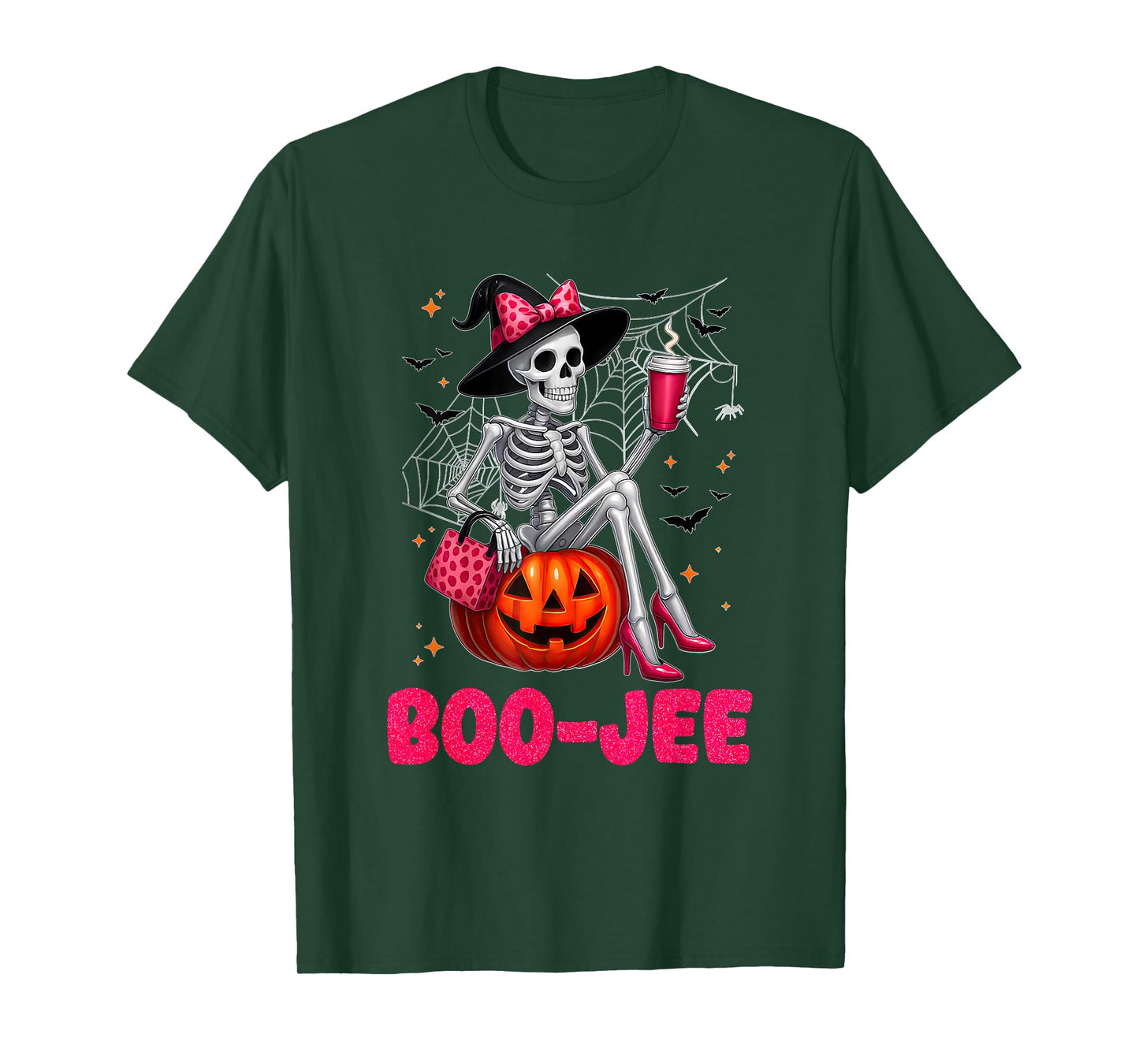 Pink Bow Spooky Witch Skeleton Drinking Halloween Pumpkin T-Shirt