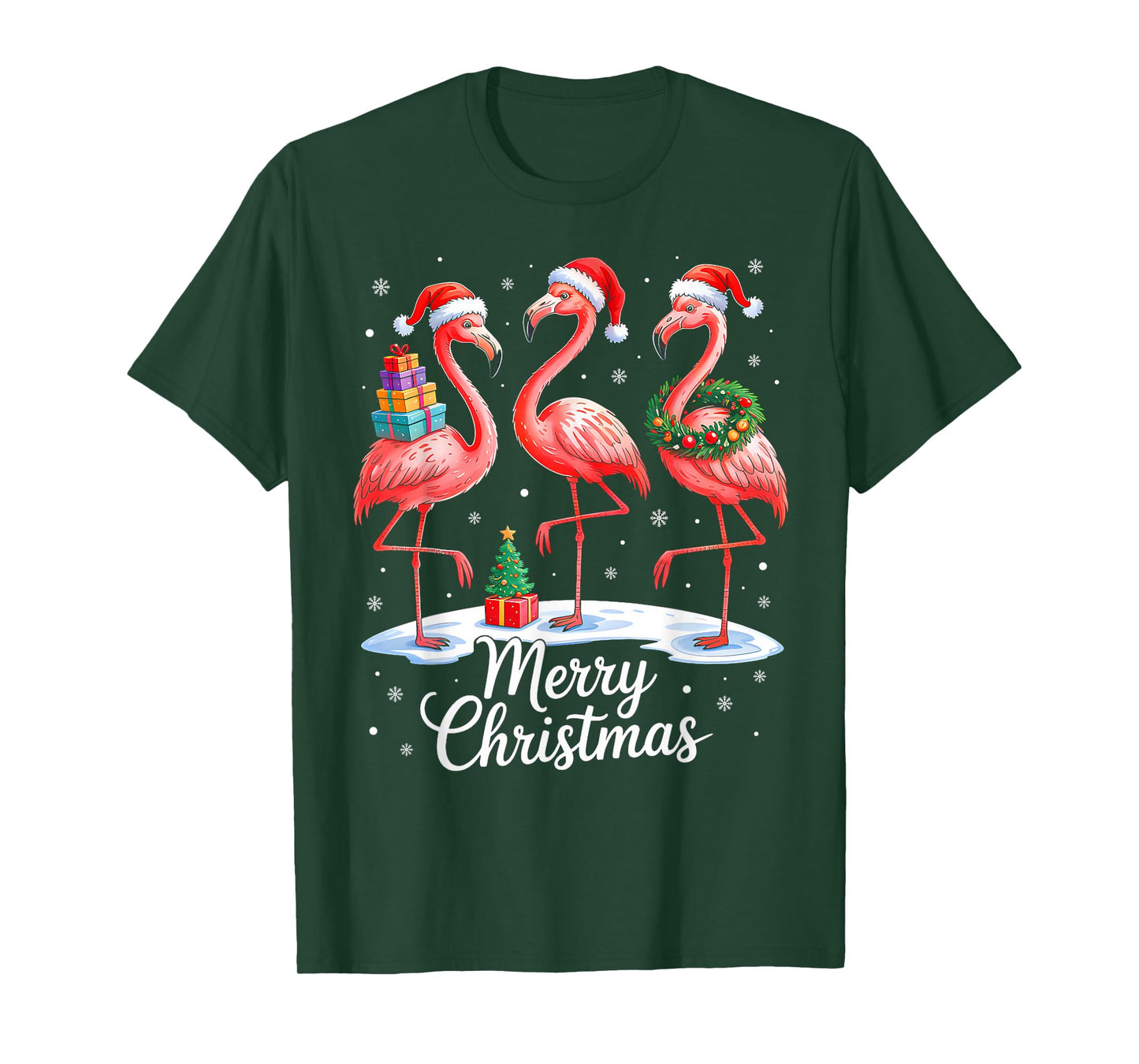 Pink Flamingo Xmas Lights Santa Hat Pajama Merry Christmas T-Shirt