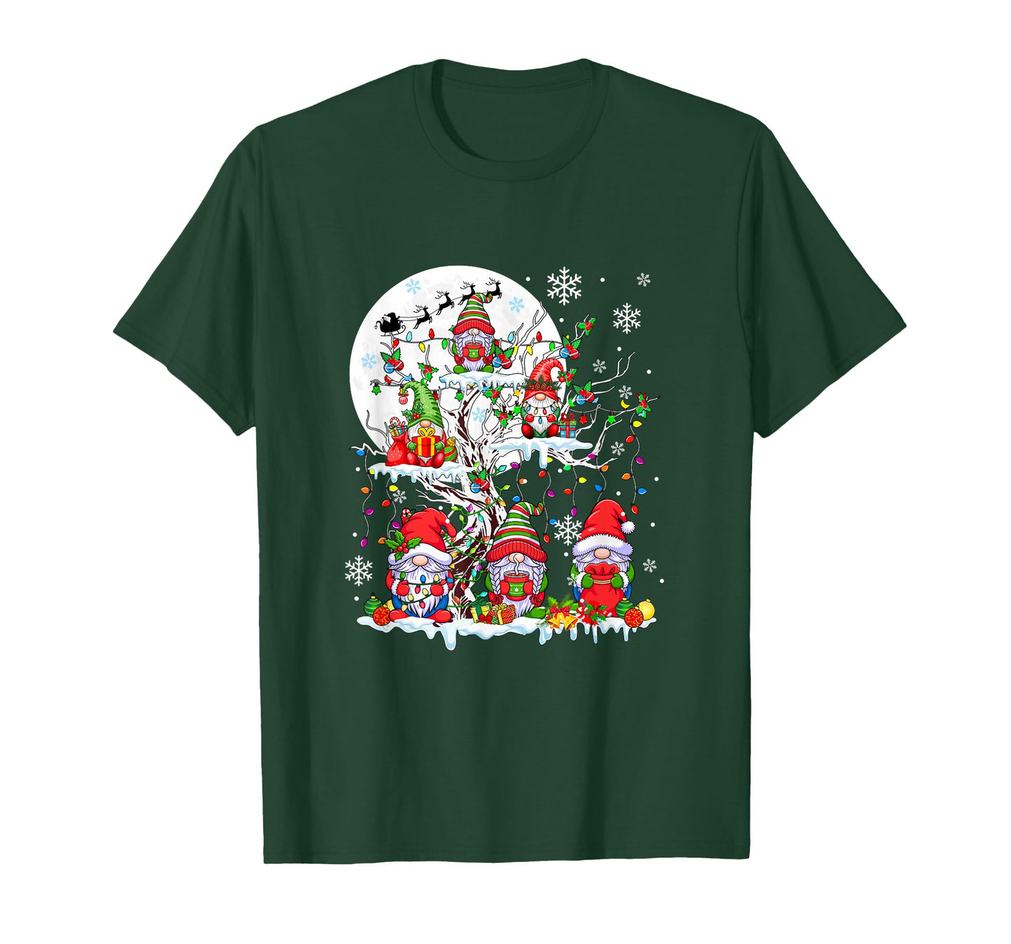 Christmas Group Gnomes On Tree Colorful Lights Family Kids T-Shirt