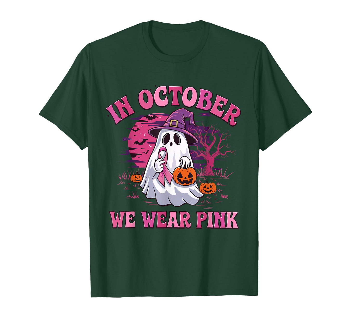 in October We Wear Pink Breast Cancer Ghost Pumpkin Witch T-Shirt