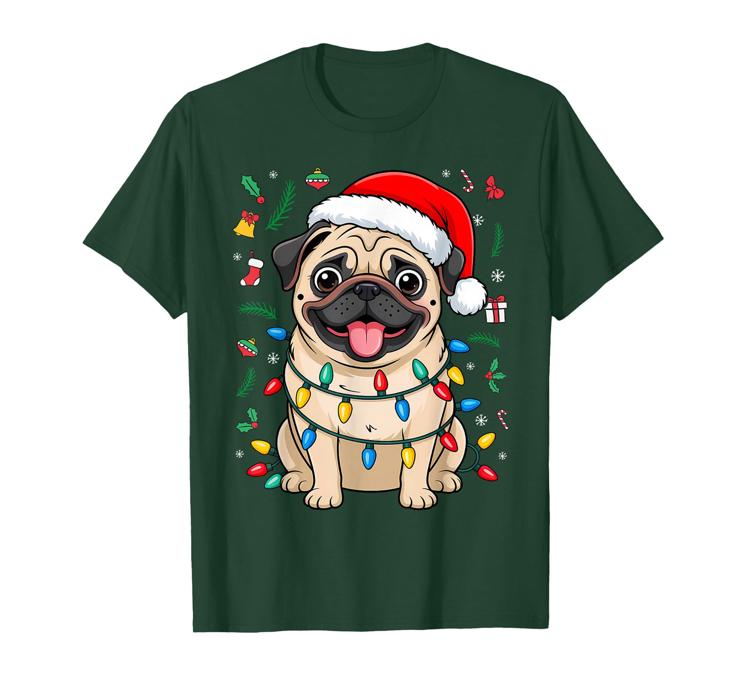 Pug Santa Christmas Tree Lights Xmas Boys Pugmas Dog Dogmas T-Shirt