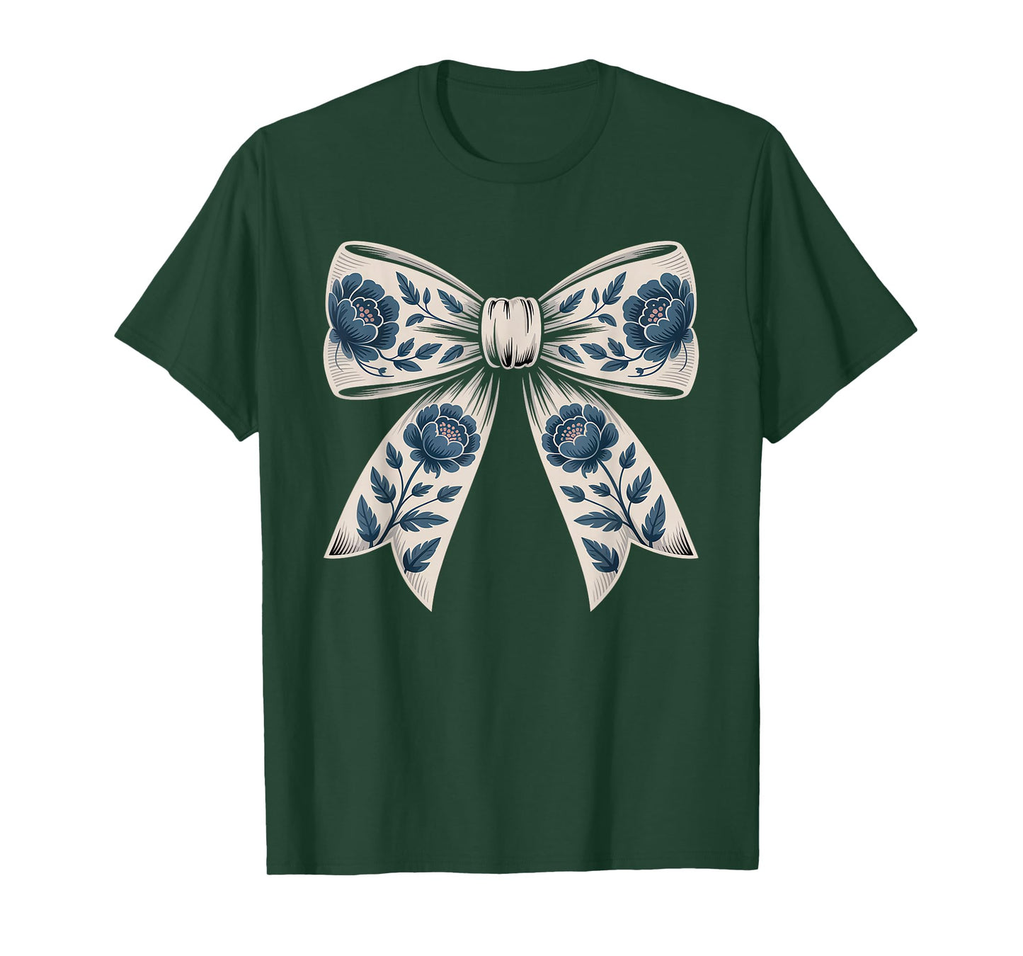 Blue Floral Coquette Bow Chinoiserie Christmas Girls Women T-Shirt