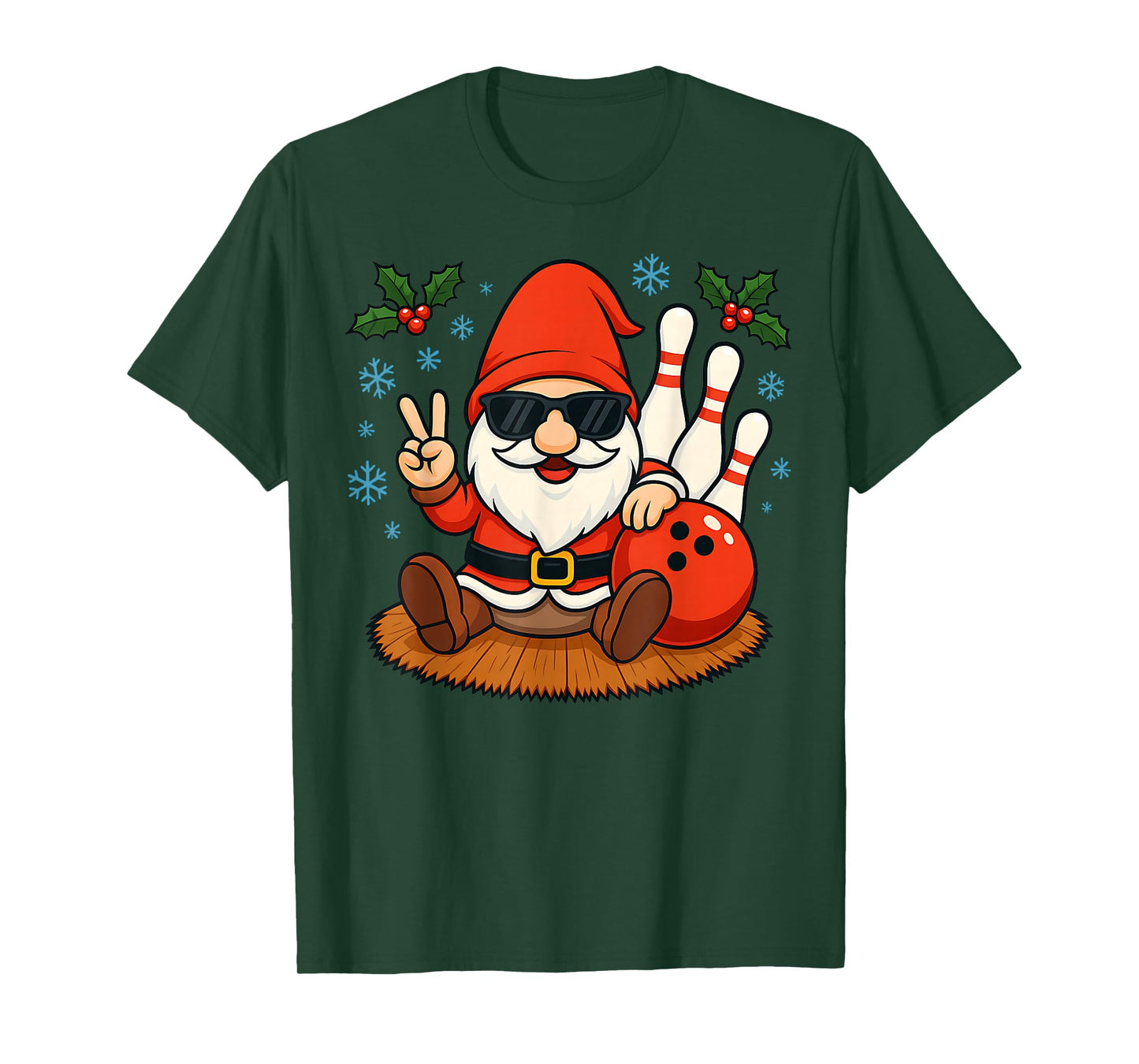 Cute Santa Gnome Bowling Christmas Funny Holiday Vibes T-Shirt