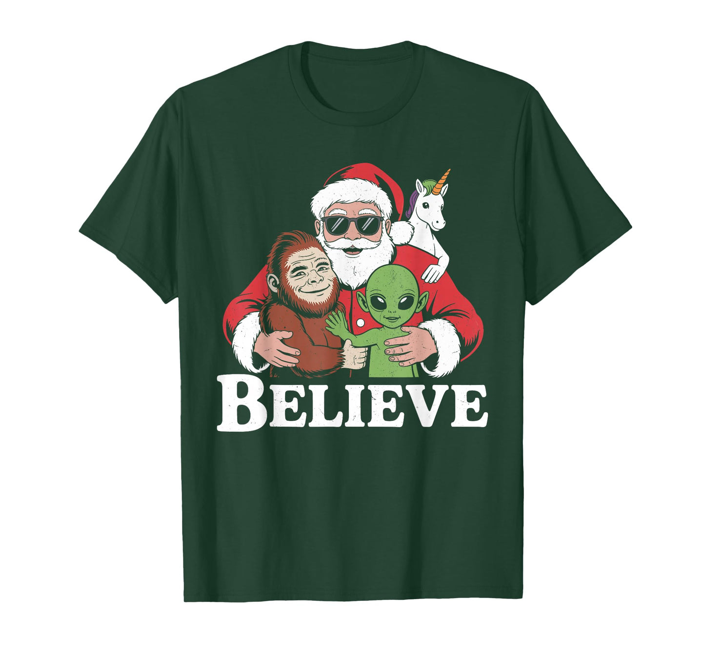 Believe Bigfoot Alien Santa Unicorn Christmas Funny T-Shirt