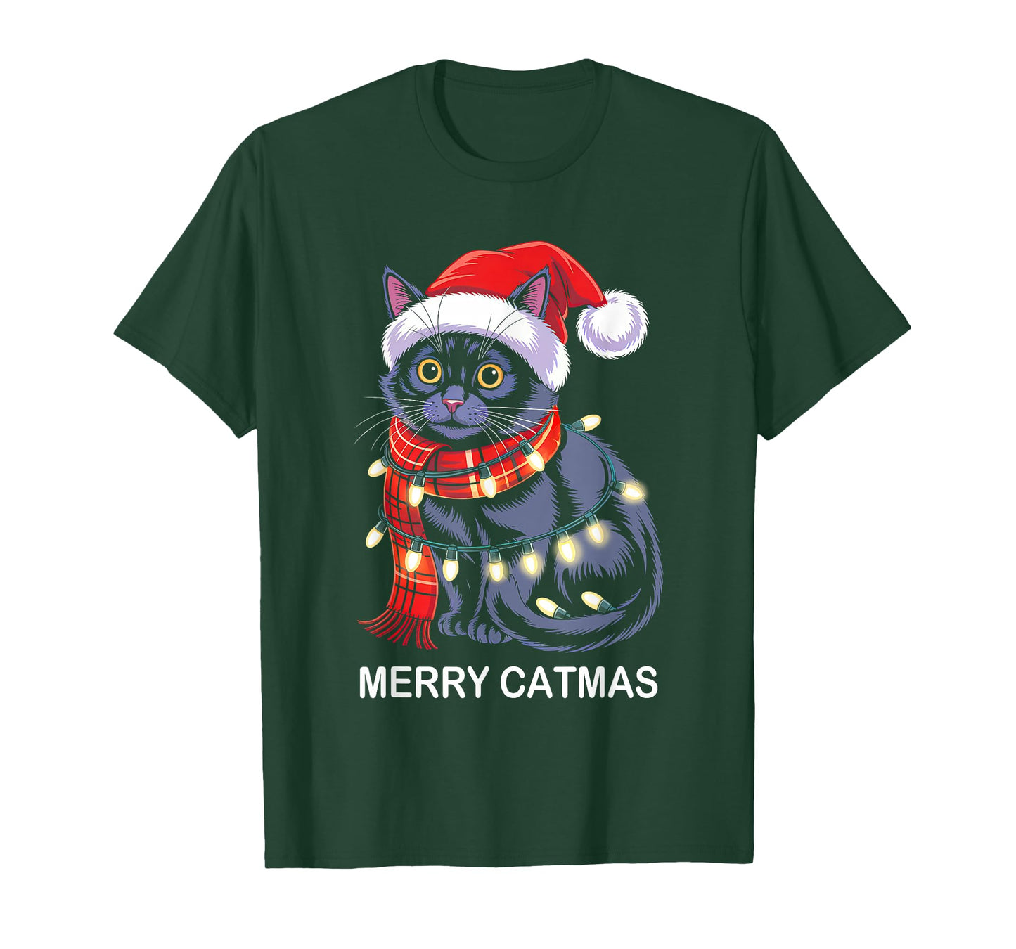 Merry Catmas Christmas Lights Cat Santa Hat Xmas Men Women T-Shirt