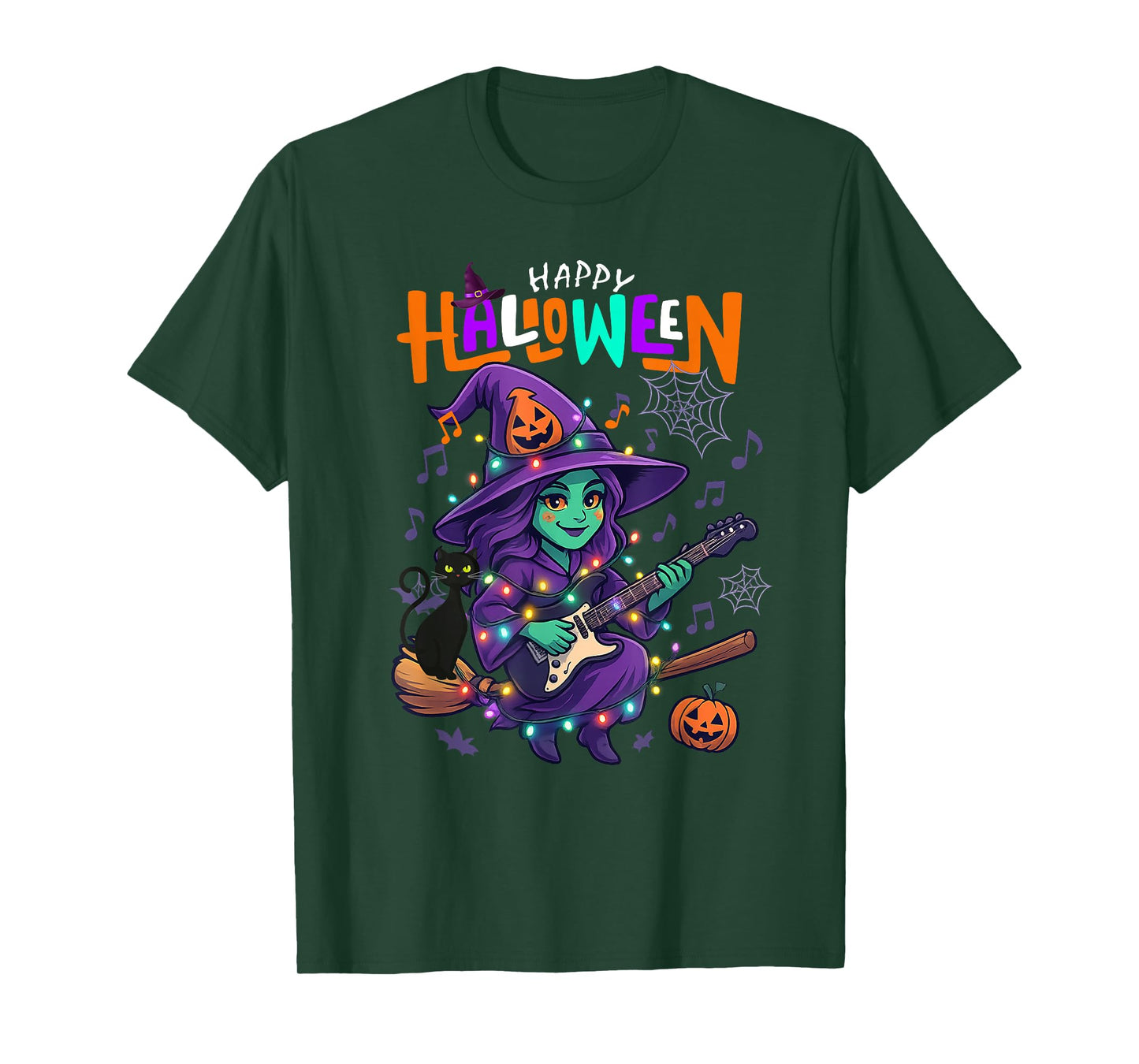 Funny Witch Playing Guitar Happy Halloween Boys Girls Kids T-Shirt