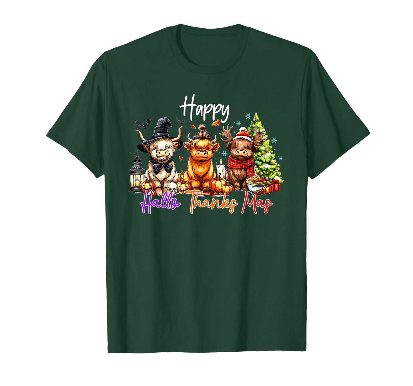 Happy Hallothanksmas Highland Cow Halloween Merry Christmas T-Shirt